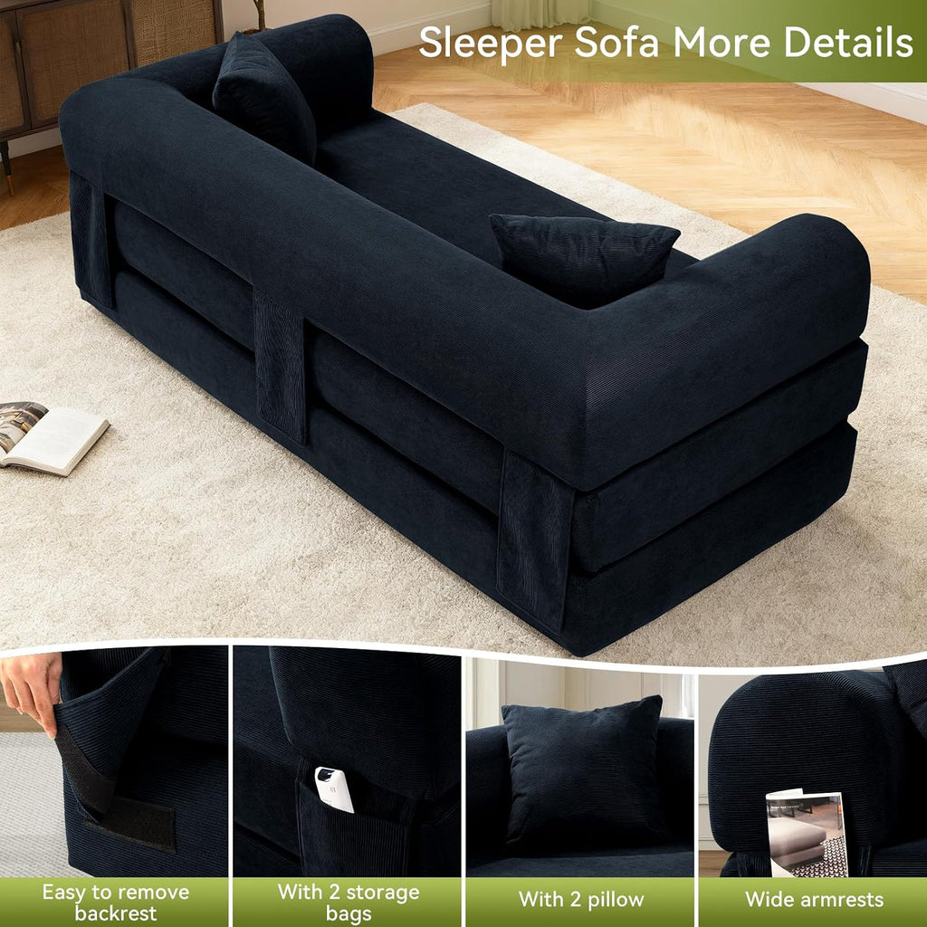 Convertible Sofa Bed Couch,80 Inch Boneless Couches for Living Room,Folding Sleeper Sofa Bed Queen with Storage,Corduroy Flod Out Couch Compressed Couch in a Box,Deep Blue