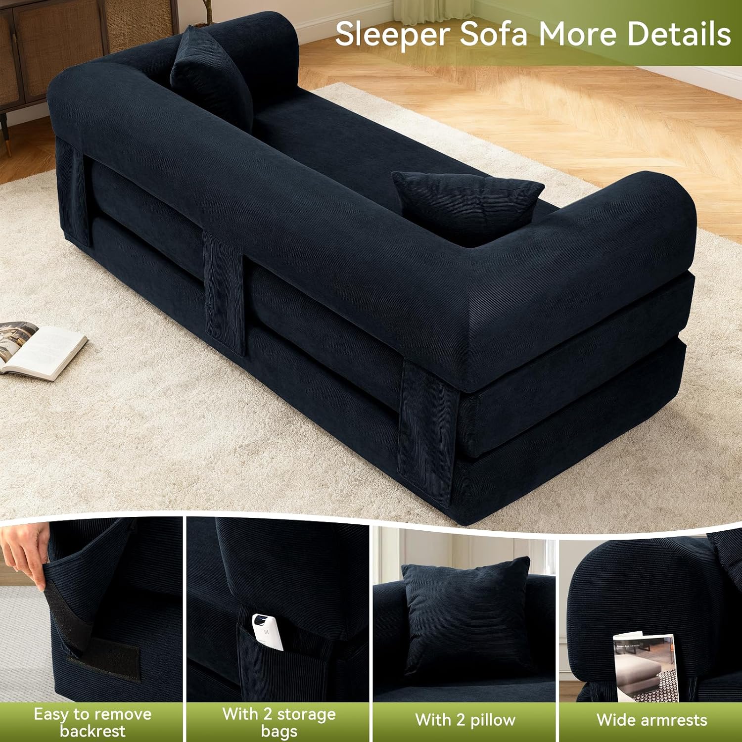 Convertible Sofa Bed Couch,80 Inch Boneless Couches for Living Room,Folding Sleeper Sofa Bed Queen with Storage,Corduroy Flod Out Couch Compressed Couch in a Box,Deep Blue