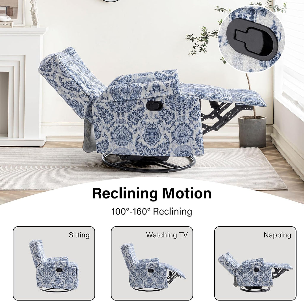 Lumibee Swivel Rocker Recliner Chair, Set of 2 Printed Fabric Swivel Glider Rocking Chair with High Back, Upholstered Deep Seat Wingback Recliner Chair for Living Room Bedroom, Navy