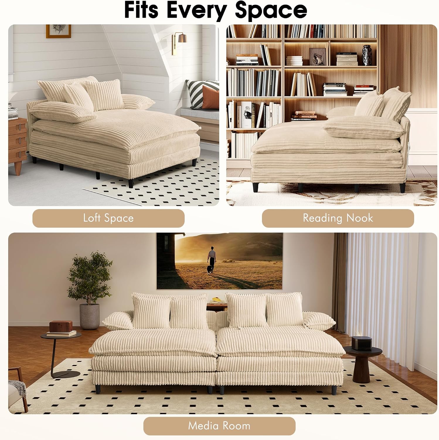 WESTSETLUX 54.8' W Oversized Chaise Lounge Chair Indoor with 5-Position Adjustable Backrest, Corduroy Sleeper Sofa Bed with 3 Pillows, Modern Cloud Couch Chair for Living Room, Bedroom, Khaki
