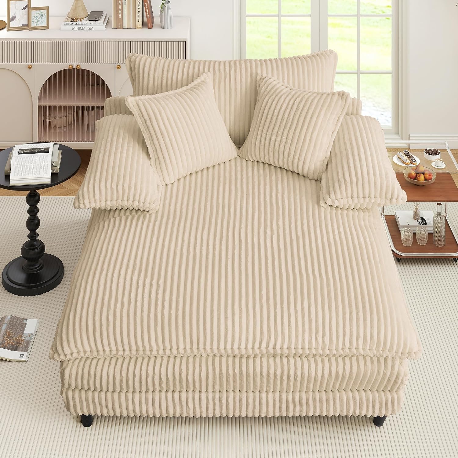 WESTSETLUX 54.8' W Oversized Chaise Lounge Chair Indoor with 5-Position Adjustable Backrest, Corduroy Sleeper Sofa Bed with 3 Pillows, Modern Cloud Couch Chair for Living Room, Bedroom, Khaki