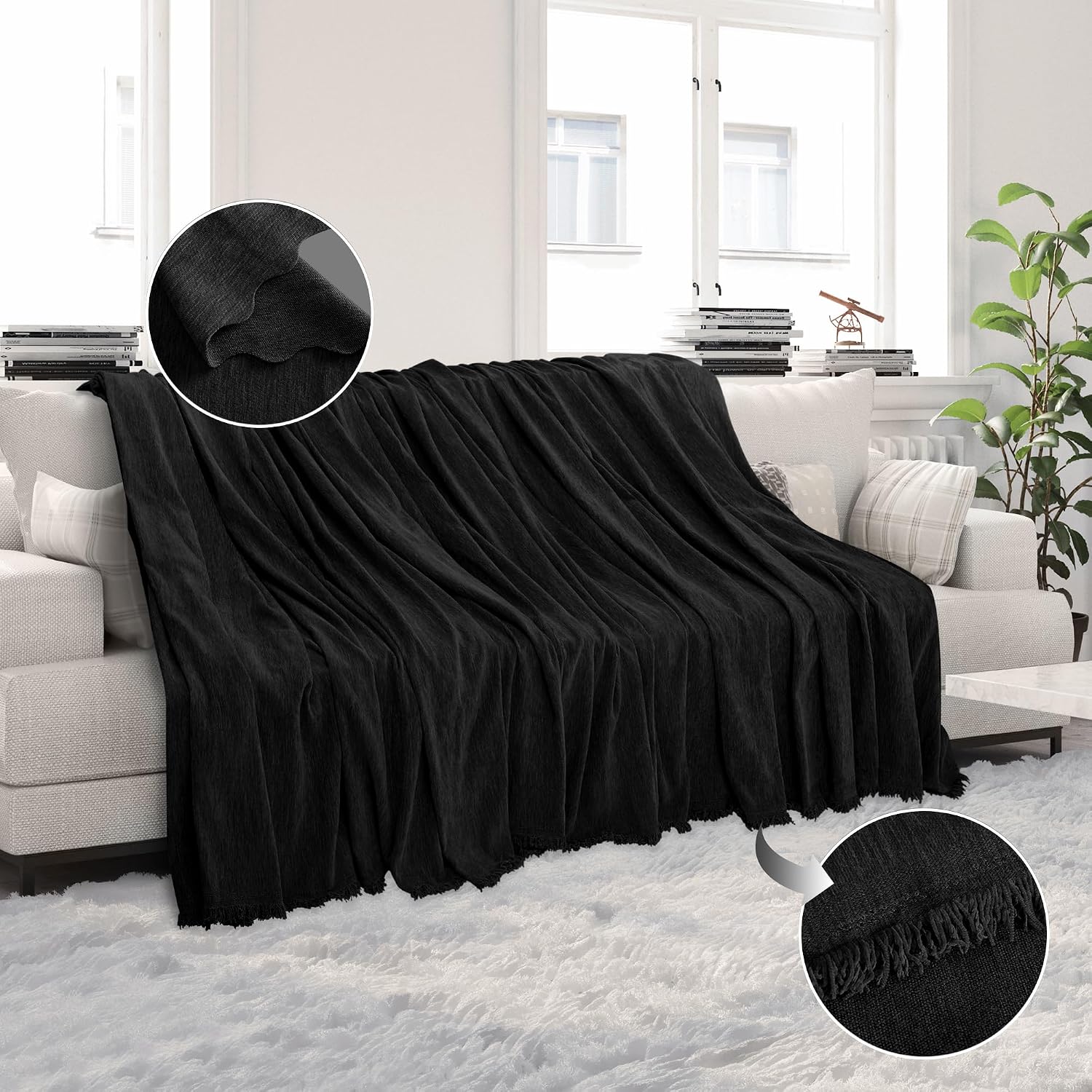 HDCAXKJ Corner Sectional Couch Covers for Dogs L Shape Sofa Cover with Tassel Chenille Soft Non Slip U Shaped Couch Cover Blanket Washable Sofa Slipcovers Protector (Charcoal Black, 91x252 inch)