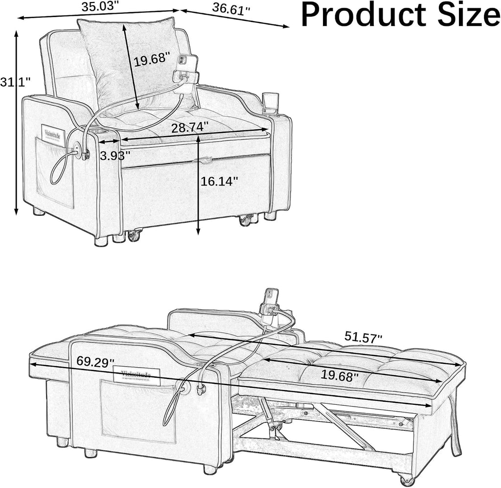 Convertible Armchair Sofa Bed with USB Port & Phone Holder, Pull-Out Single Chair Bed Sleeper for Small Spaces, Modern Upholstered Recliner Chair (Grey)