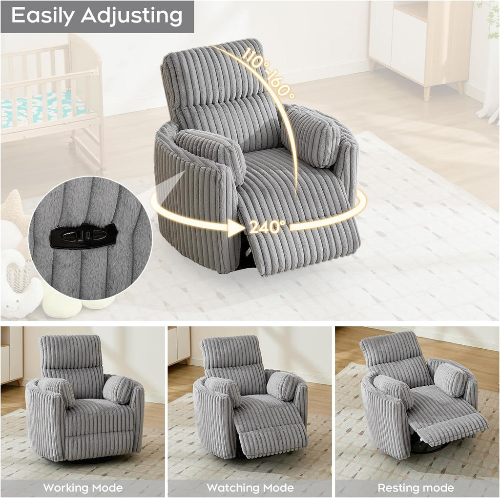 Power Nursery Rocking Chair Swivel Glider Reclining Chairs with 2 Pillows, Nursery Glider Rocking Recliner with Type-C & USB Charger Port, Corduroy Upholstery Armchair for Living Room/ Light Grey