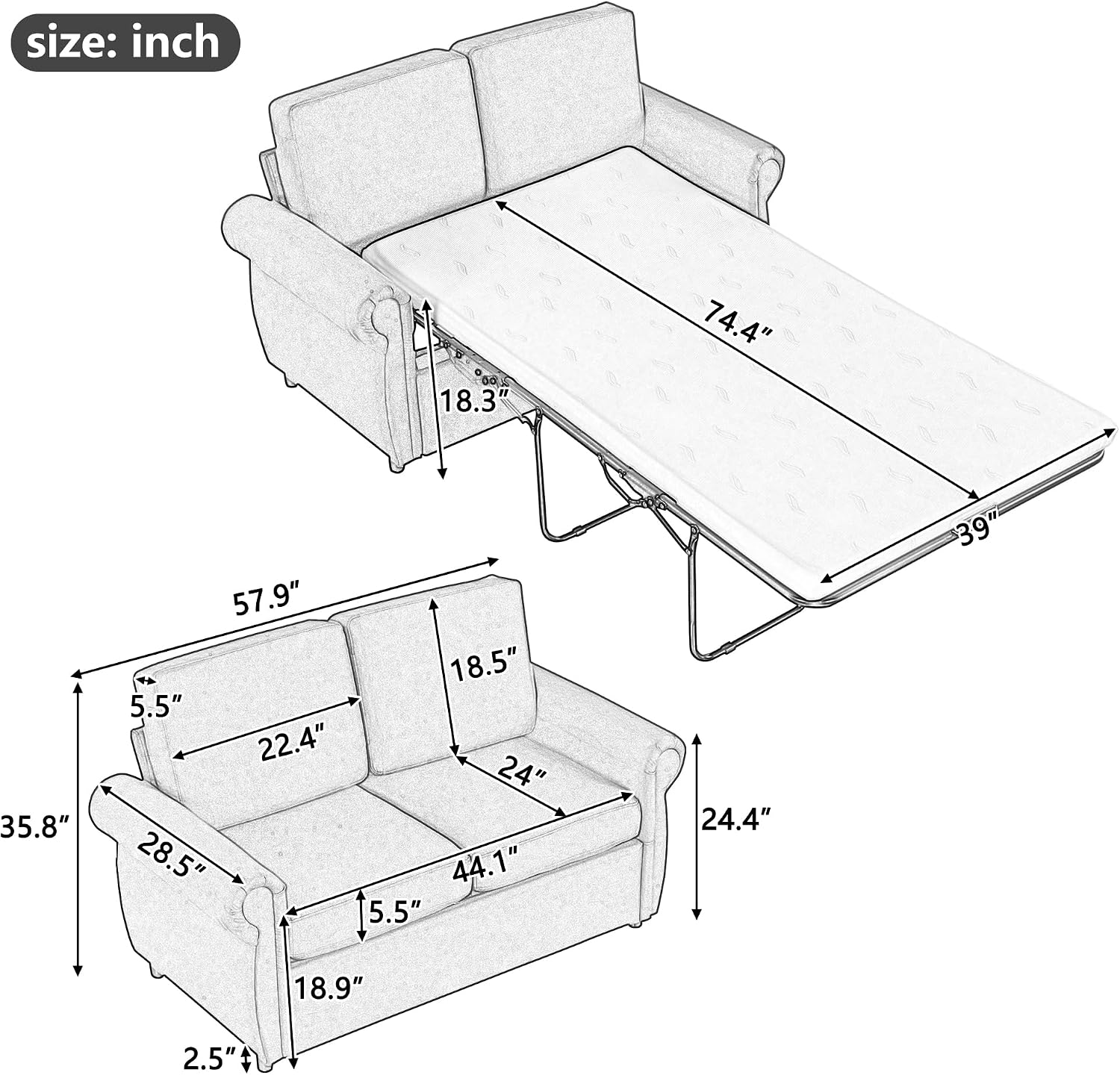 Sleeper Couch Small Sofa for Living Room or Bedroom Including Pull Out Bed