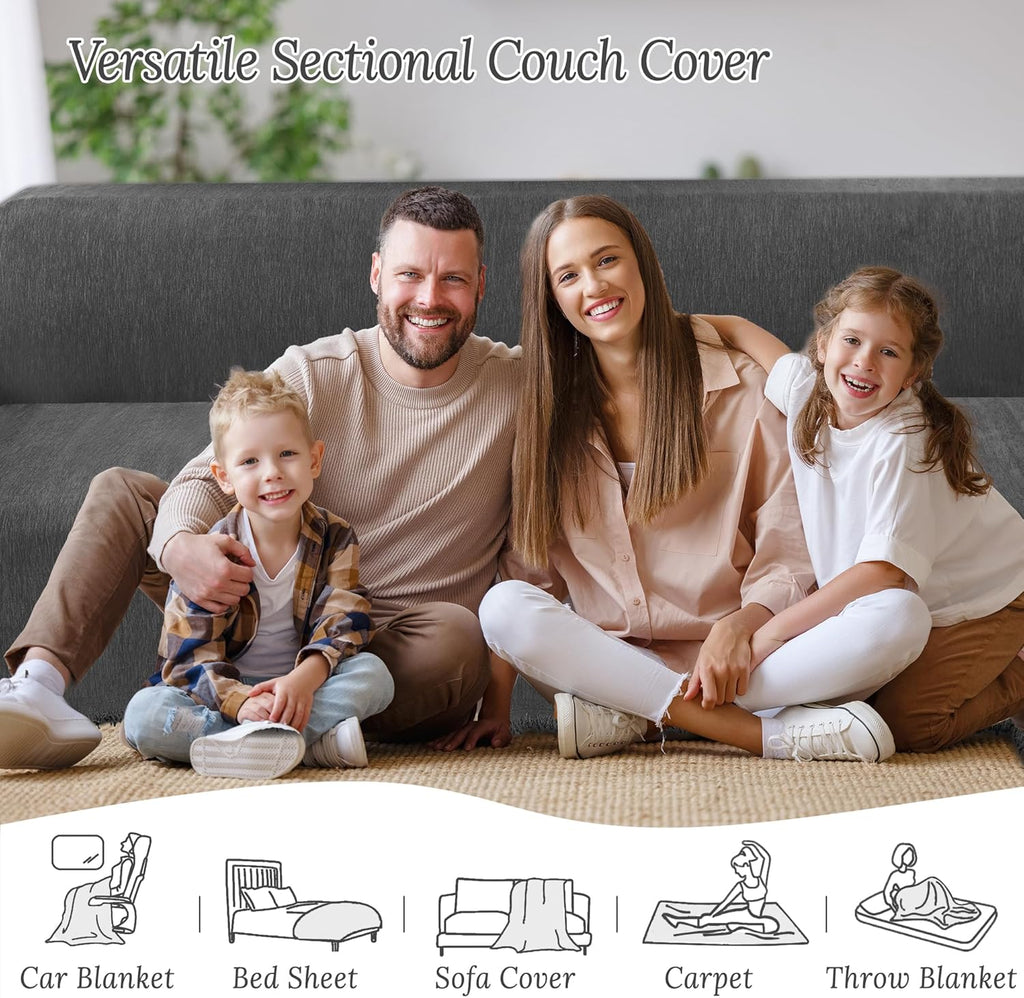 HDCAXKJ Corner Sectional Couch Covers for Dogs L Shape Sofa Cover with Tassel Chenille Super Soft Non Slip U Shaped Couch Cover Blanket Washable Sectional Slipcover Protector (Dark Gray, 91x276 inch)