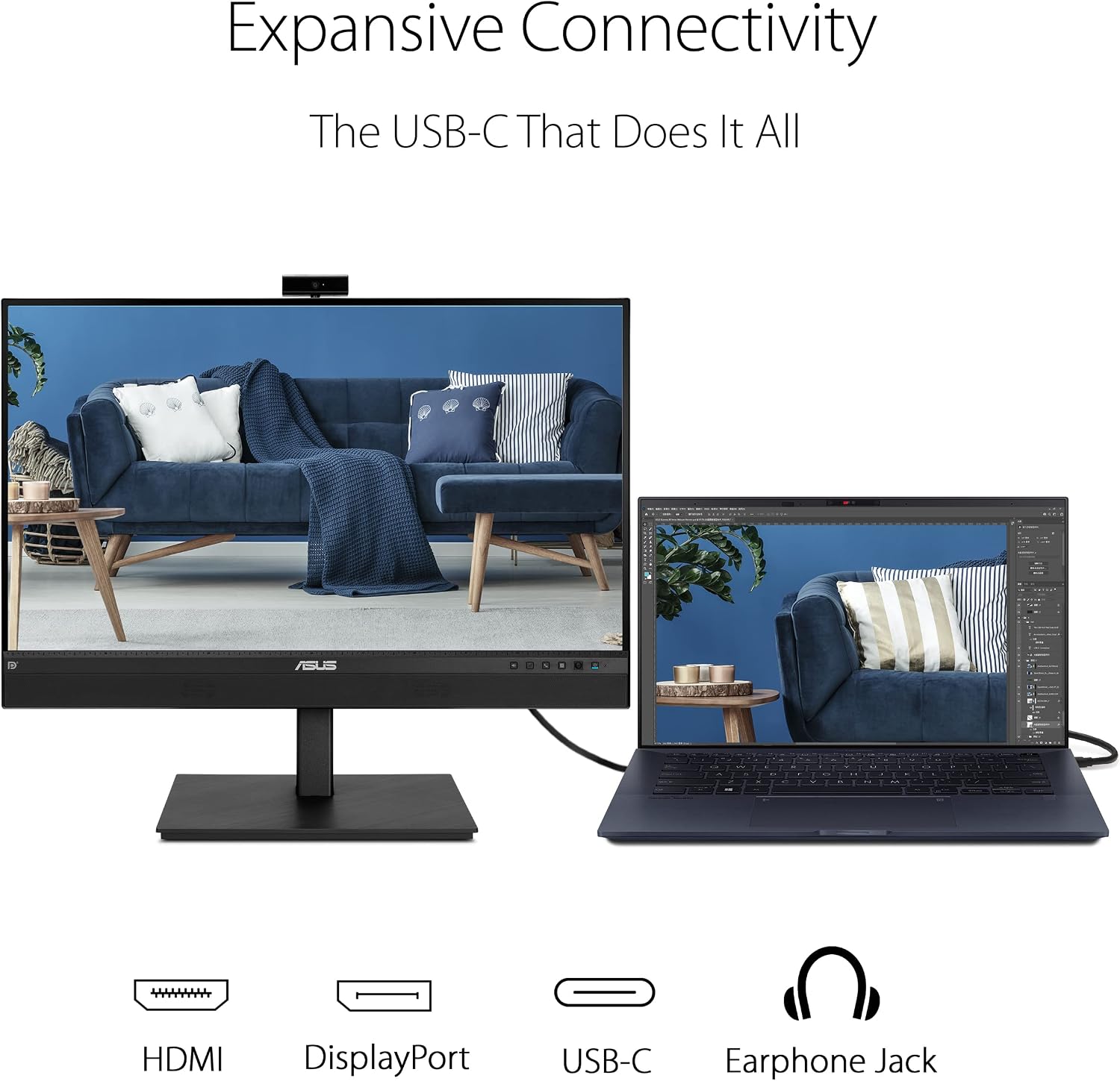 ASUS 27' 1440P Video Conference Monitor (BE27ACSBK) - QHD (2560 x 1440), IPS, Built-in 2MP Webcam, Mic Array, Speakers, Eye Care, Wall Mountable, AI Noise-canceling, USB-C, HDMI, Zoom Certified,Black