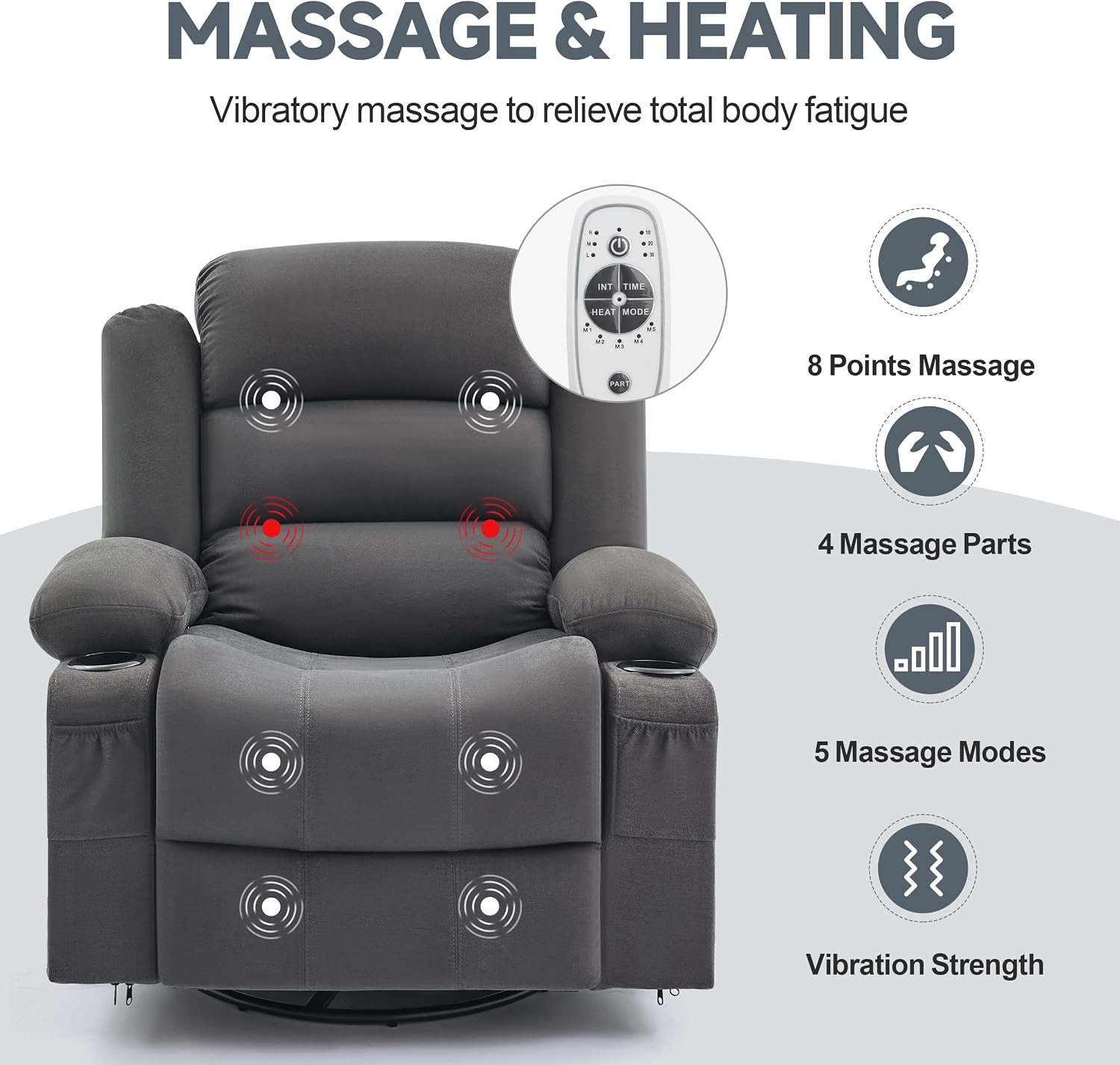 Rocker Recliner Chair with Heat and Massage, 360° Swivel Nursery Rocking Chairs for Adults, Oversized Recliner Single Sofa Seat with Cup Holders, Lazy Boy Recliner Single Sofa (Manual, Darkgrey)