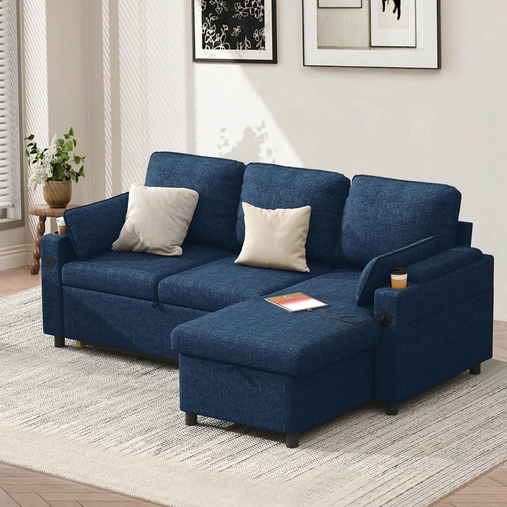 DURASPACE Sleeper Sofa Bed Pull Out Couch 2 in 1 Convertible Sofa Sleeper with Storage, L Shaped Sectional Couch Bed for Small Spaces Living Room Bedroom Apartment (Blue)