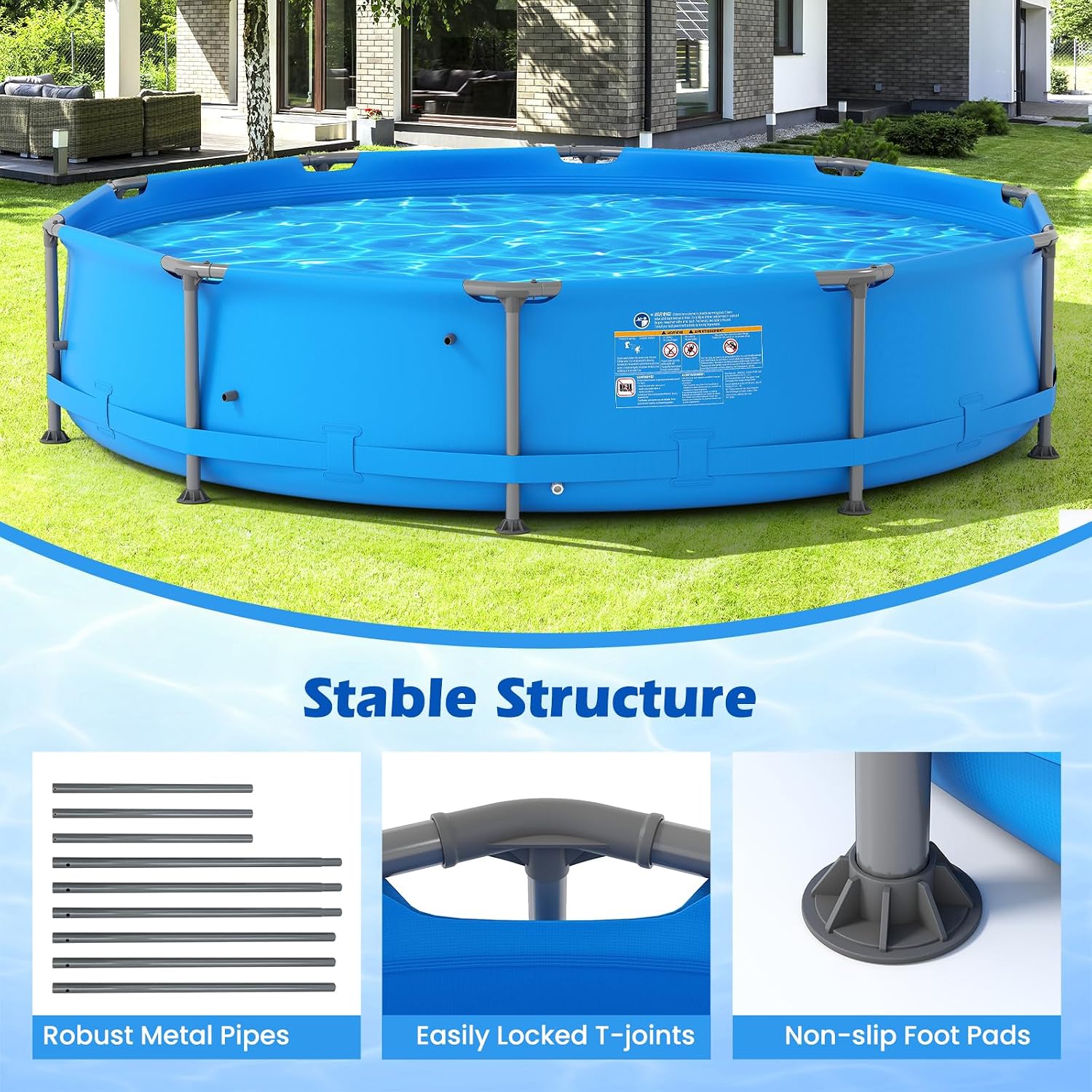 GYMAX 12ft x 30in Metal Frame Above Ground Swimming Pool, Outdoor Backyard Famliy Pool Set with Puncture-Resistant Fabric, Drainage Valve Connector for Kids & Adults (12' x 30', Round, Blue)