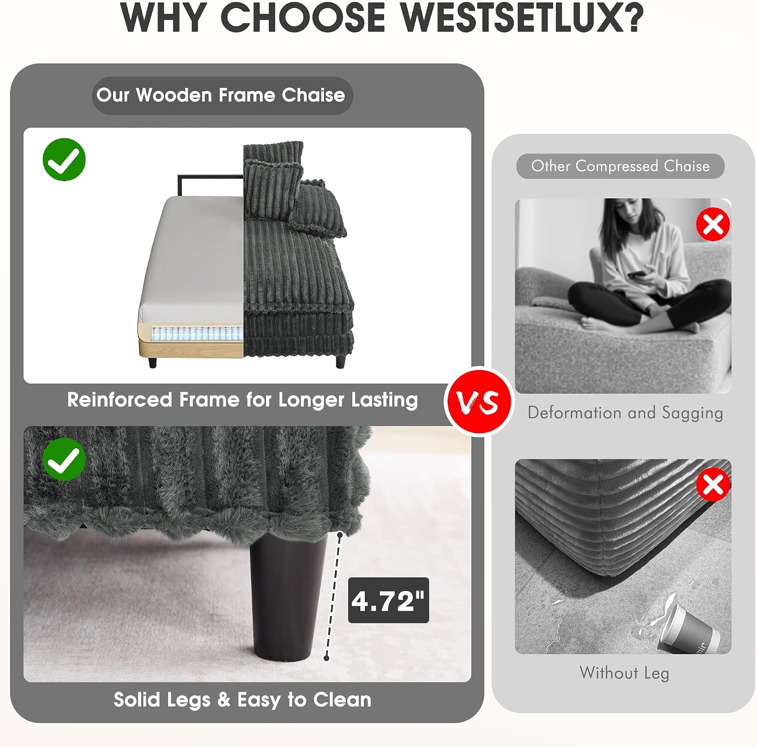 WESTSETLUX 54.8' W Oversized Chaise Lounge Chair Indoor with 5-Position Adjustable Backrest, Plush Sleeper Sofa Bed with Pillows, Upholstered Cloud Couch Chair for Living Room, Study Room, Dark Grey