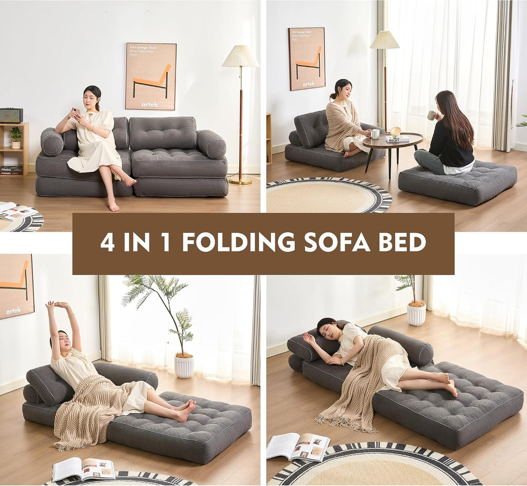 Afuson Plus Futon Sofa Bed for Small Spaces, Floor Couch with Armrest, Folding Sofa Couch, Convertible Sleeper Chair Bed with Pillow, Portable Comfy Floor Lounge for Living Room and Bedroom, Grey
