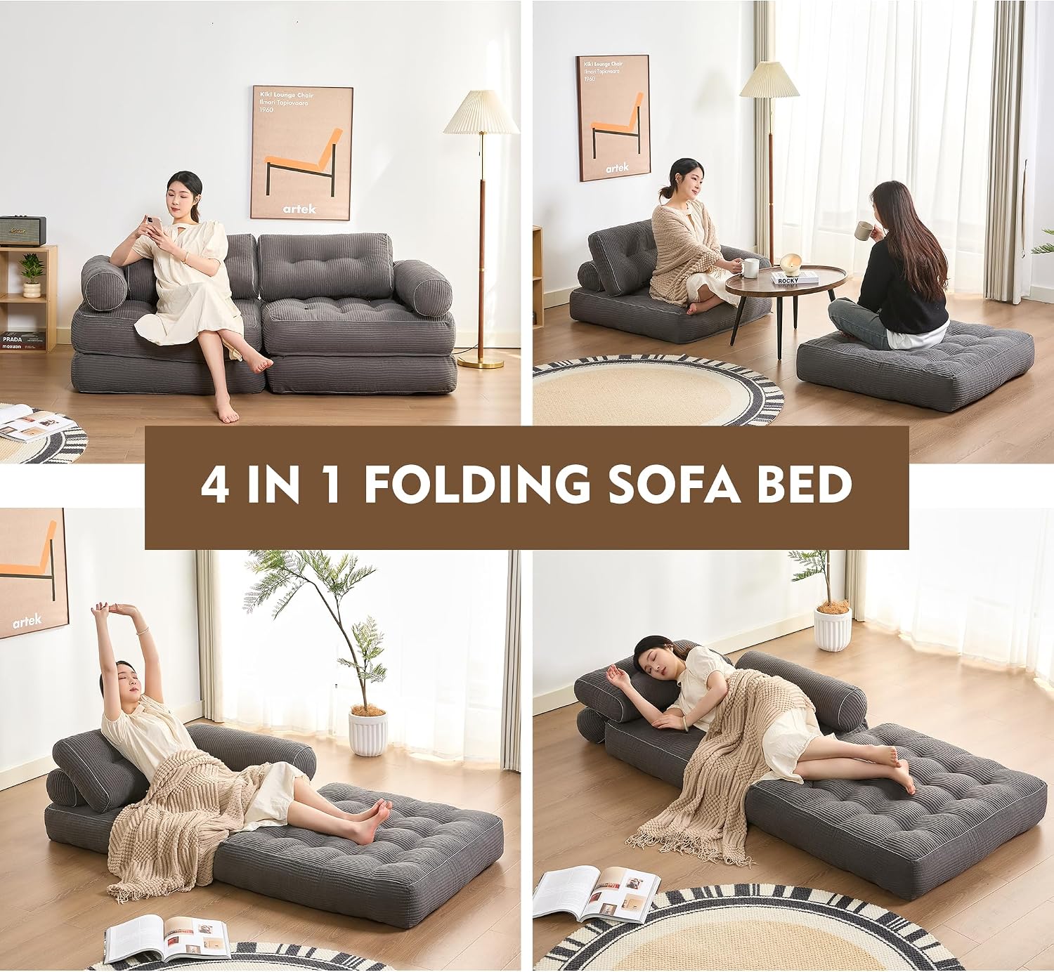 Afuson Plus Futon Sofa Bed for Small Spaces, Floor Couch with Armrest, Folding Sofa Couch, Convertible Sleeper Chair Bed with Pillow, Portable Comfy Floor Lounge for Living Room and Bedroom, Grey