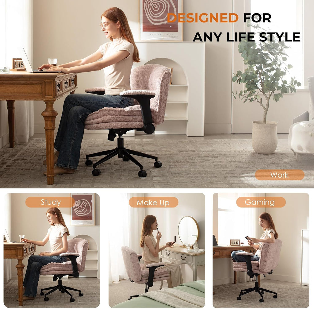 Dowinx Criss Cross Chair with Adjustable Flip-up Arms and Wheels, Comfort Ergonomic Office Desk Armchair with 3 Layer Cushions, Wide Seat Vanity Chair for Home Office, Living Room, Bedroom, Pink