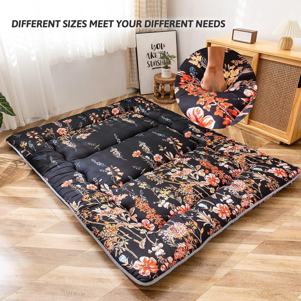 MAXYOYO Black Floral Japanese Futon Floor Mattress, Mattress Topper Portable Thick Sleeping Pad Floor Mat Roll Up Camping Mattress Folding Couch Mattress Pad for Guest Room King