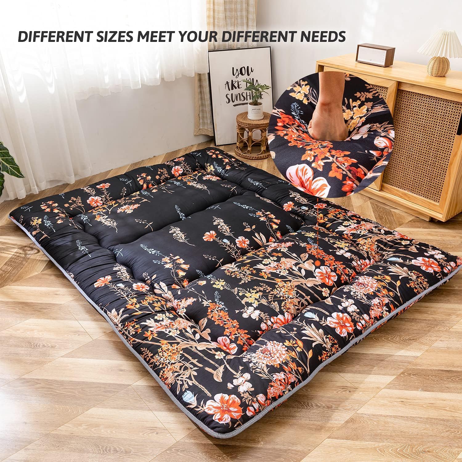 MAXYOYO Black Floral Japanese Futon Floor Mattress, Mattress Topper Portable Thick Sleeping Pad Floor Mat Roll Up Camping Mattress Folding Couch Mattress Pad for Guest Room King