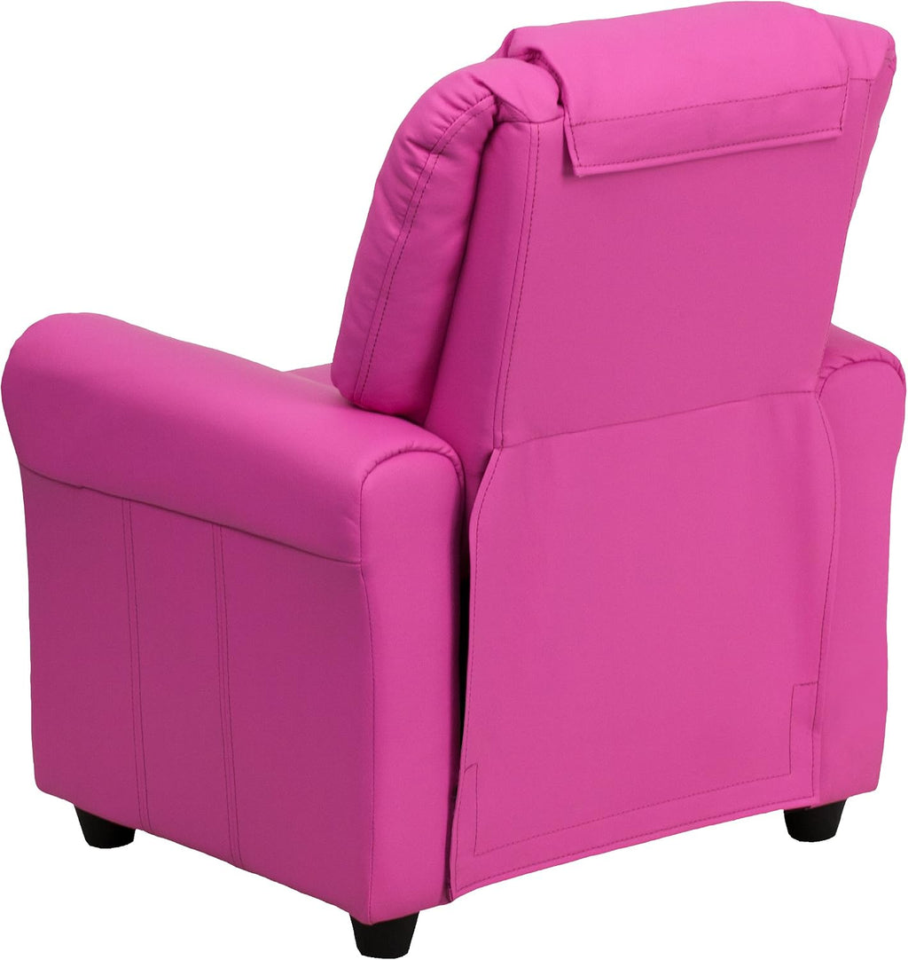 EMMA + OLIVER Hot Pink Vinyl Kids Recliner with Cup Holder and Headrest