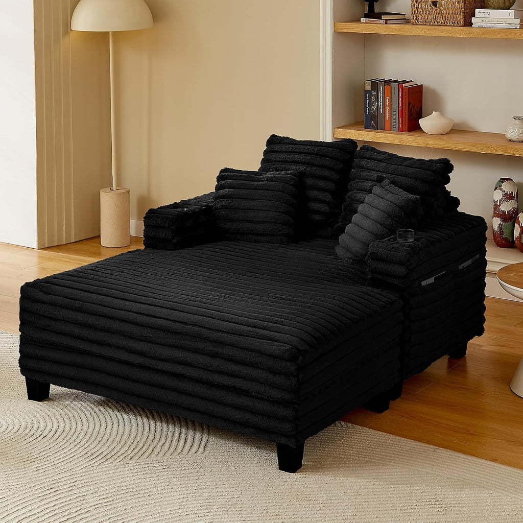 Amsleekey 64' Chaise Lounge Chair Indoor, Oversized Sleeper Chair with Wood Frame, Upholstered Sofa Bed for Living Room, Movie Room, Bedroom with 4 Storage Pockets&2 Cup Holders(Plush Corduroy, Black)