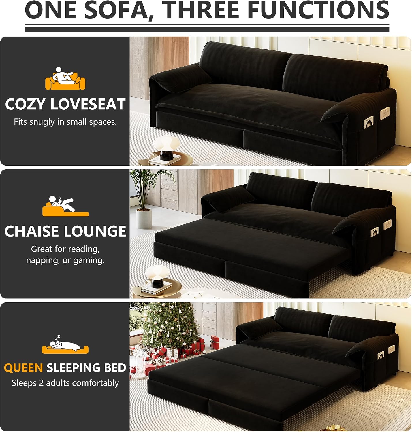 63.8' Sofa Bed Queen Size, Pull Out Couch Bed, 3-in-1 Convertible Sleeper Sofa with Side Pocket, Modern Velvet Futon Couch for Living Room, Small Space, Apartment, Bedroom, Black