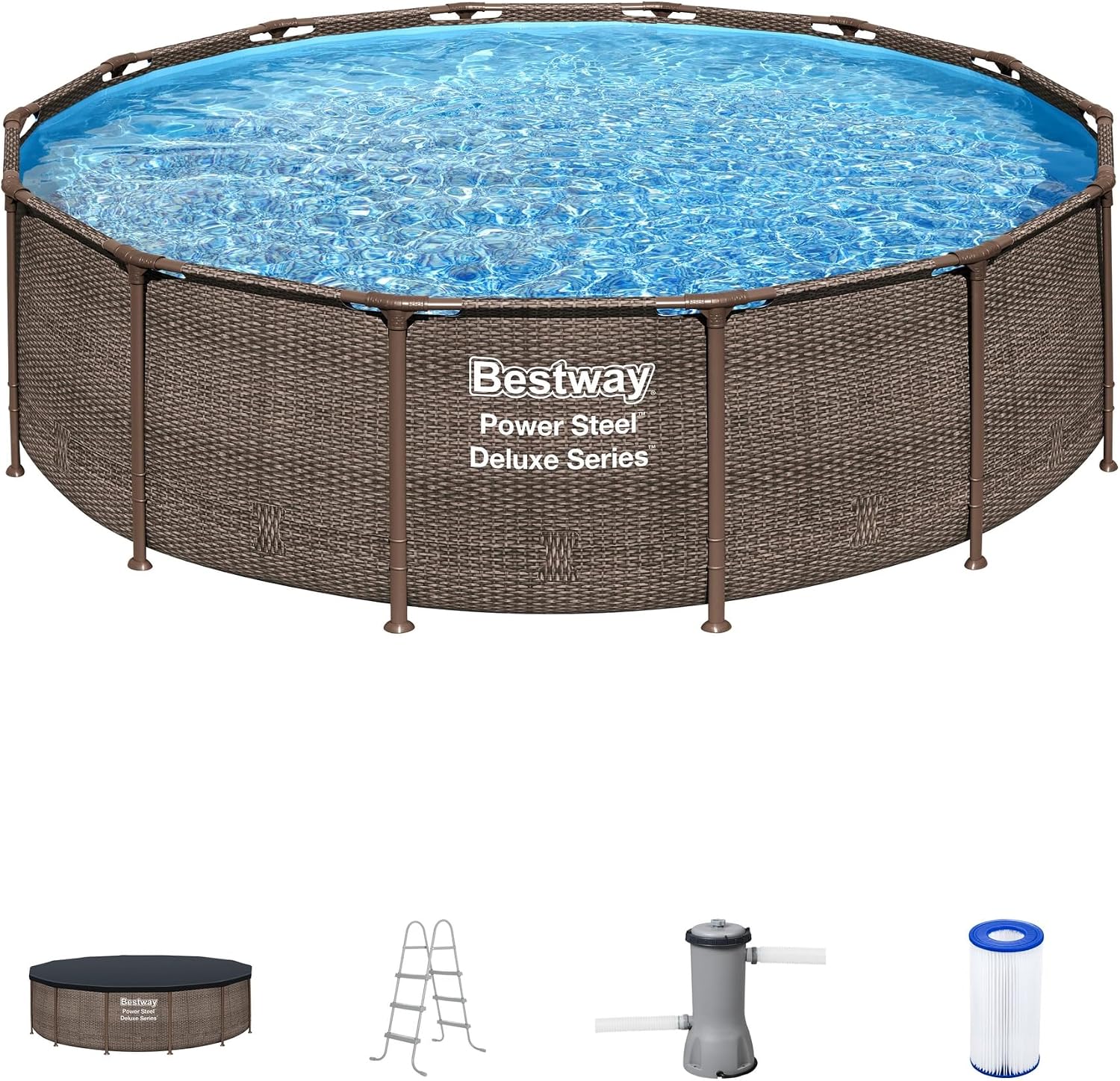Bestway Power Steel 14' x 42' Round Above Ground Outdoor Backyard Swimming Pool Set with 1,000 GPH Filter Pump, Ladder, and Pool Cover