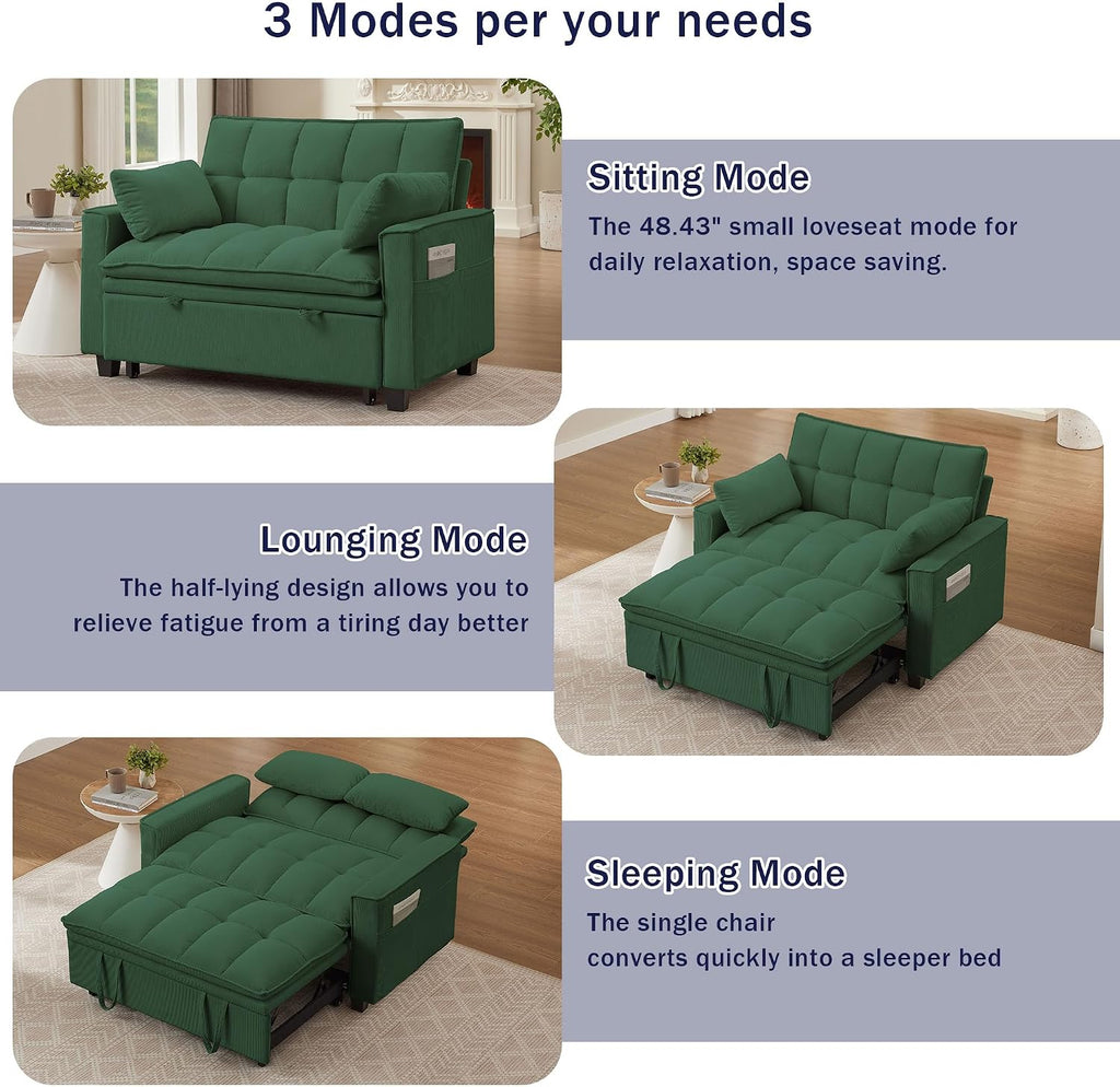 Sleeper Sofa with Pull Out Couch Bed, 48' Convertible Pull-Out Sofa Bed Chair, 3-in-1 Futon Couch with Reclining Backrest and Side Pockets for Living Room Bedroom Apartment, Green