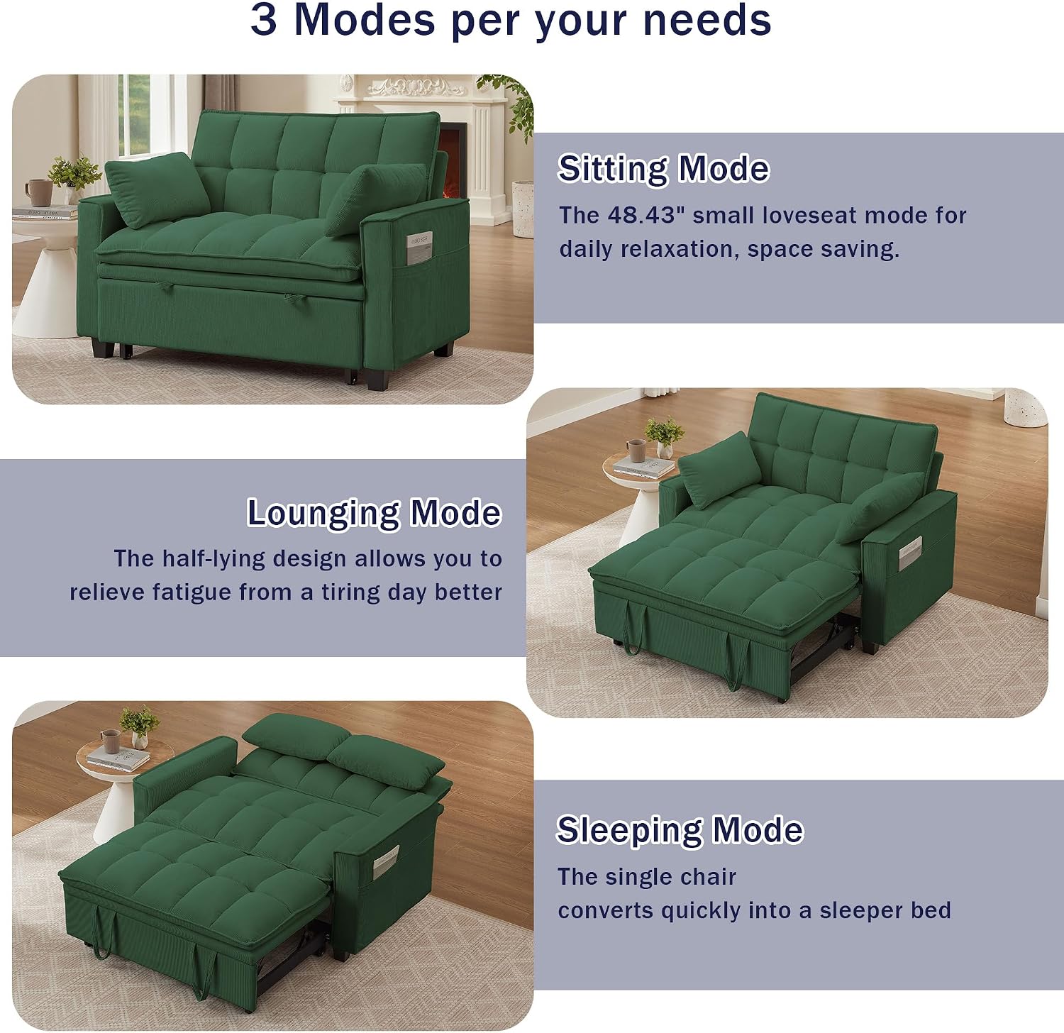 Sleeper Sofa with Pull Out Couch Bed, 48' Convertible Pull-Out Sofa Bed Chair, 3-in-1 Futon Couch with Reclining Backrest and Side Pockets for Living Room Bedroom Apartment, Green