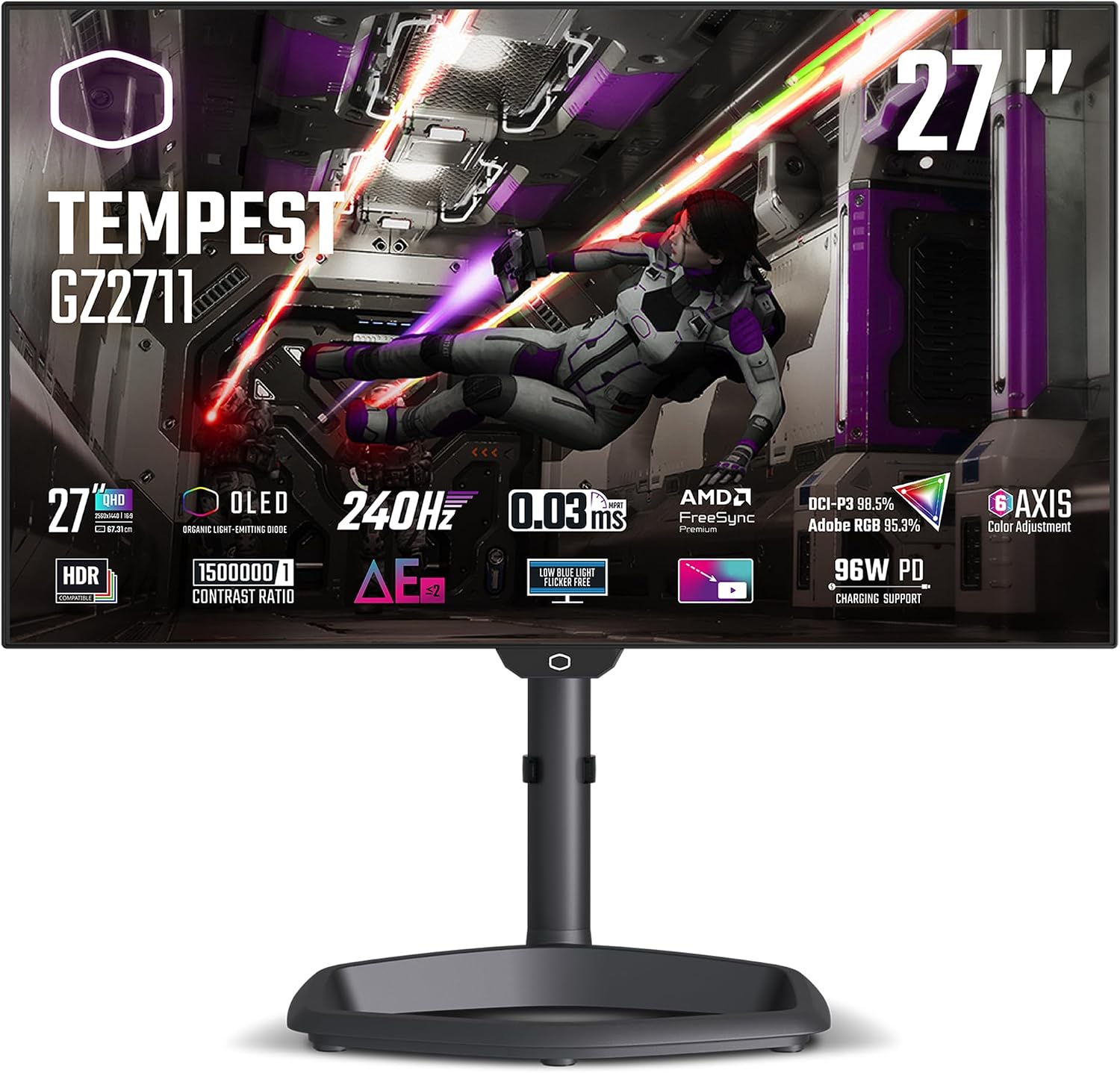 Cooler Master Tempest GZ2711 27' OLED 2K 144Hz|240Hz QHD 2560 x 1440 PC Monitor, 0.03ms (MPRT), HDR10, DCR, FreeSync Premium, DP1.4 * 2, HDMI 2.1 * 2, USB B*1, USB A*2, USB C*1
