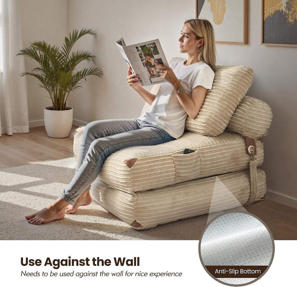 ovios Folding Sofa Bed, Foldable Sleeper Chair Floor Futon, Comfy Portable Convertible Fold Out Lounge Chairs for Living Room Bedroom, Beige