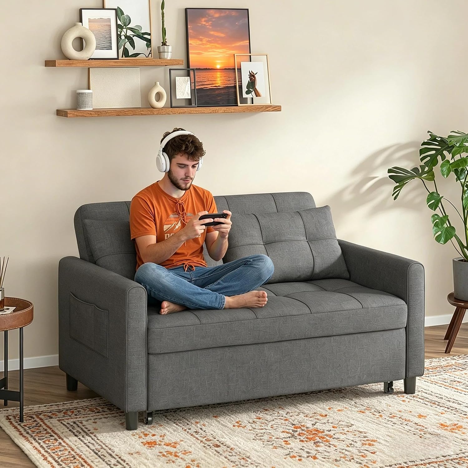 Gizoon 3-in-1 Convertible Loveseat Sleeper Couch Bed, 71.7' Extended Pull Out Sofa Bed, Linen Fabric Small Futon Sofa Bed with 2 Pillows for Apartment, Living Room, Bedroom, Dark Grey