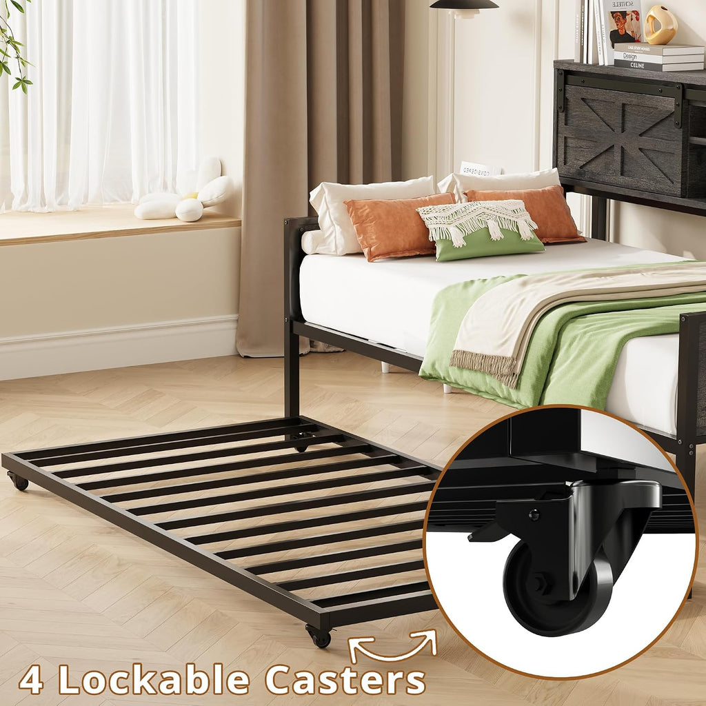 LIKIMIO Daybed with Trundle Bed, Sofa Bed Twin with Charging Station, with Storage Headboard & Strong Support, for Living Room, Bedroom and Guest Room, Charcoal Grey