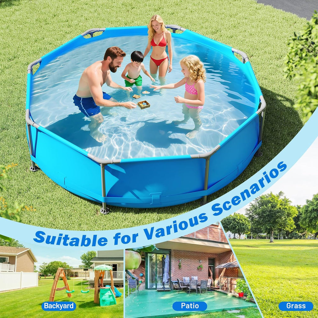 Goplus Above Ground Swimming Pool, 10' x 10' x 30'' Metal Frame Family Pool Set w/PVC Fabric, 3 Stoppers, Drainage Valve Connector, for Outdoor, Backyard, Garden, Patio (10' Round, 1158 Gal, Blue)