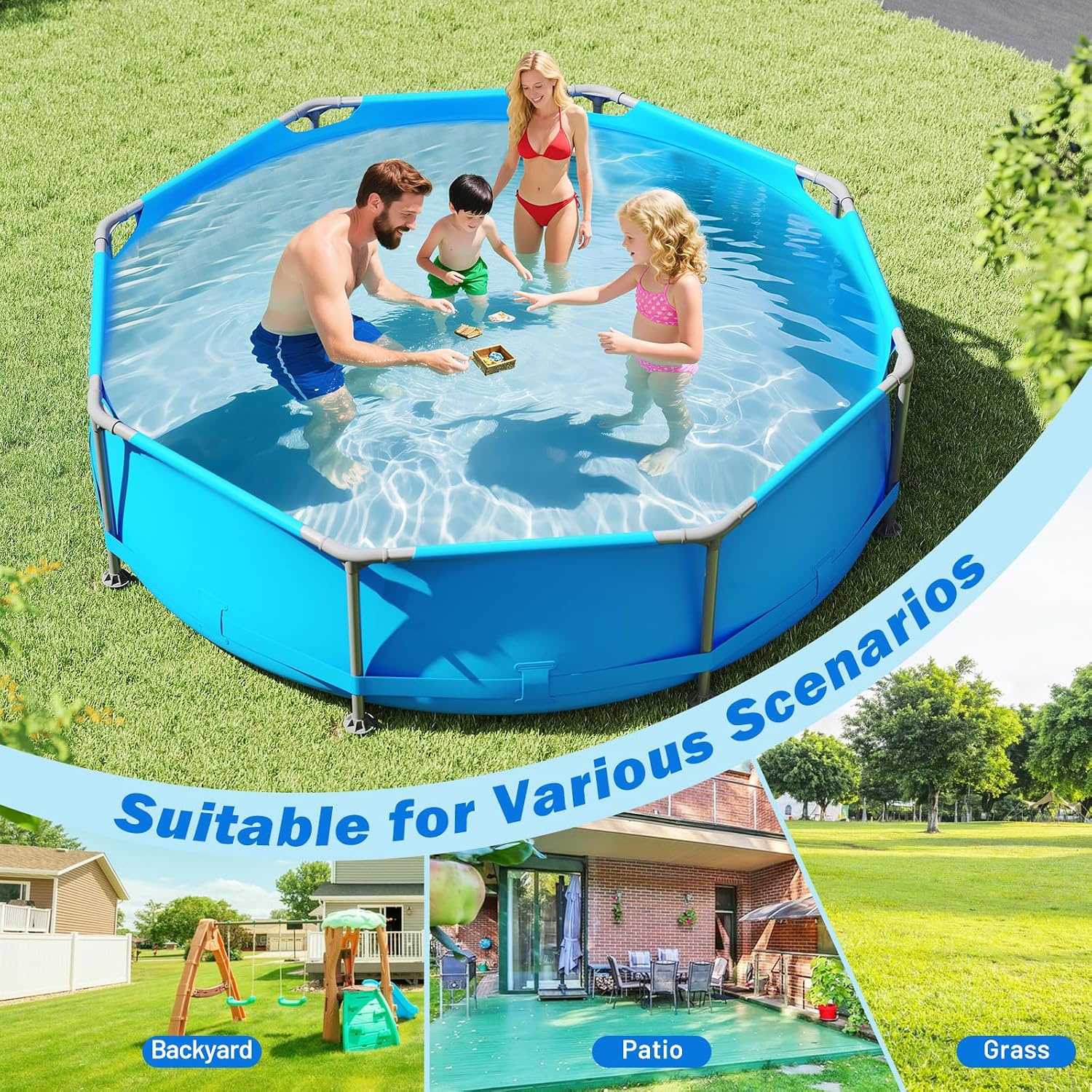 Goplus Above Ground Swimming Pool, 10' x 10' x 30'' Metal Frame Family Pool Set w/PVC Fabric, 3 Stoppers, Drainage Valve Connector, for Outdoor, Backyard, Garden, Patio (10' Round, 1158 Gal, Blue)
