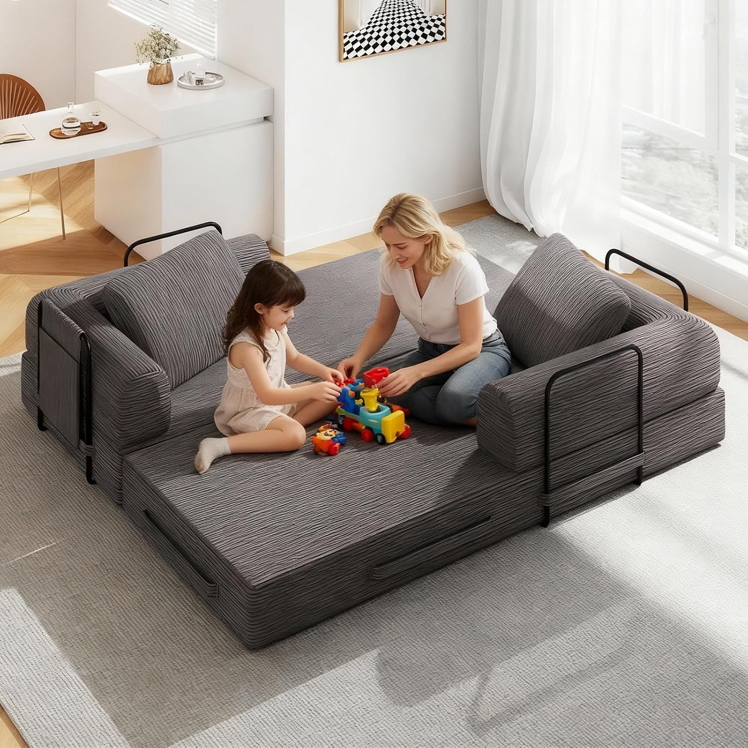 78'' Sleeper Couch Bed for Living Room, Convertible Modular Sofa with Fixed Frame and Side Pocket, Corduroy Futon Boneless Couches in a Box, No Assembly, Gray