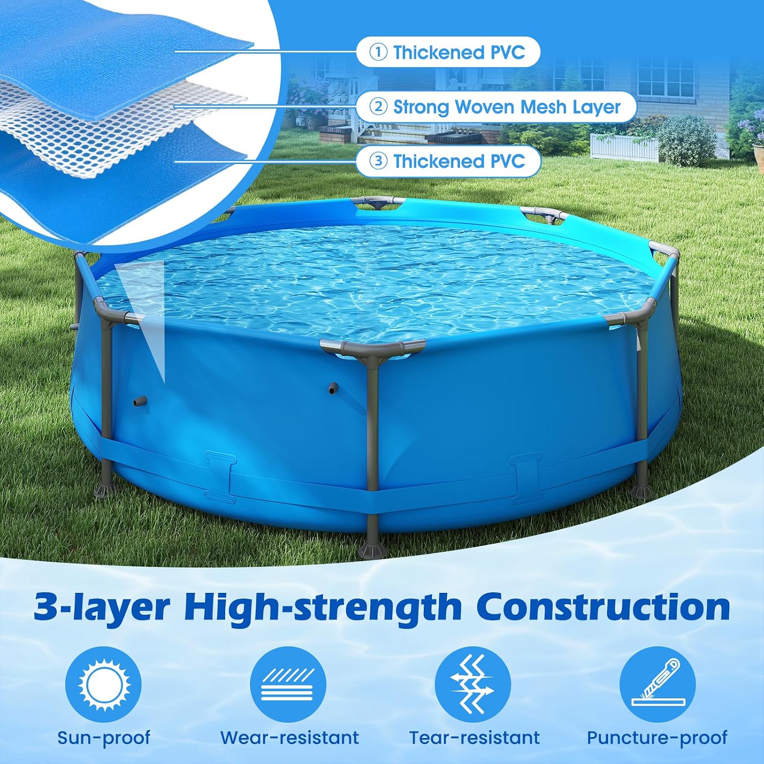 GYMAX 10ft x 30in Metal Frame Above Ground Swimming Pool, Outdoor Backyard Famliy Pool Set with Puncture-Resistant Fabric, Drainage Valve Connector for Kids & Adults (10' x 30', Round, Blue)