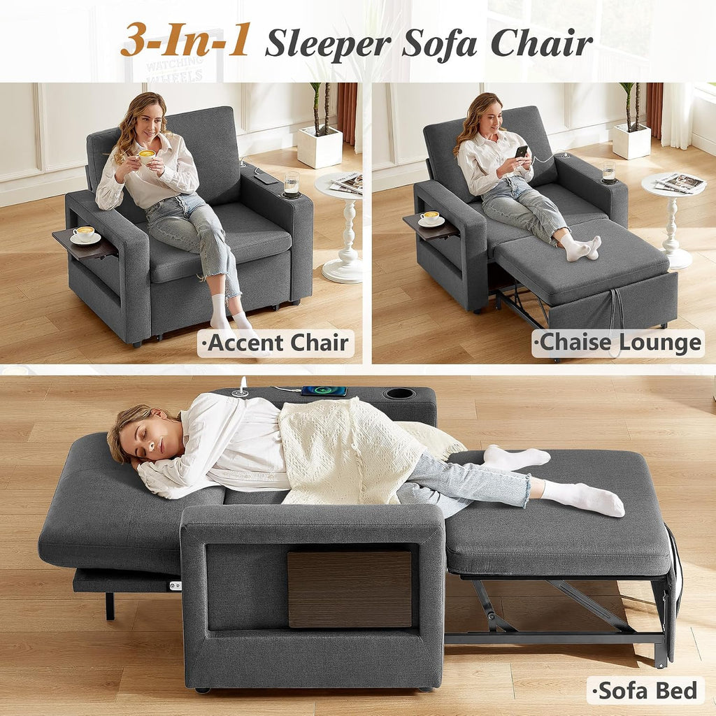 WEUP 42.5' Sleeper Chair Bed, 3-in-1 Convertible Reclining Sofa Chair with Pull Out Couch Bed, Adjustable Backrest, Side Pockets, Cup Holder, USB Ports & Wing Table, Premium Dark Gray