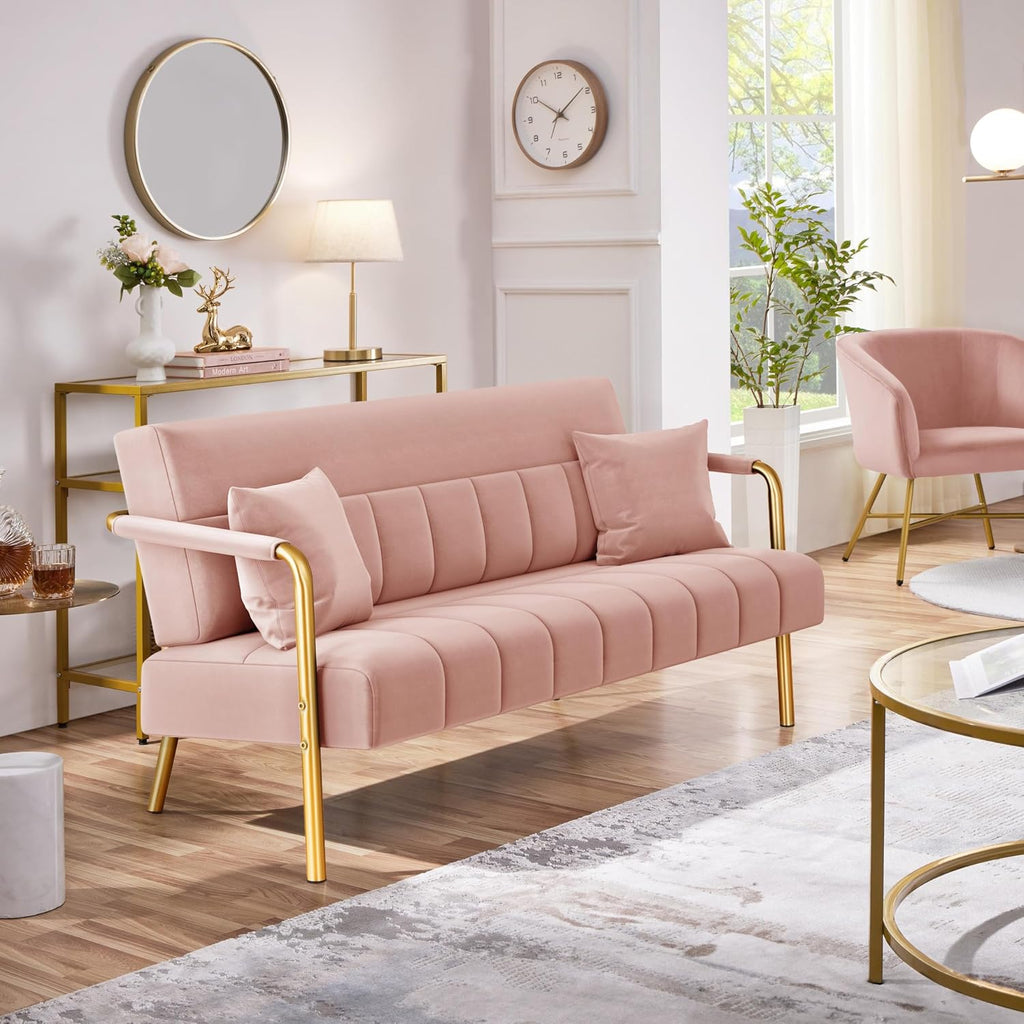 Yaheetech 56.5' W Modern Sofa Small Sofa Luxurious Velvet Fabric Couch with Gold-Tone Metal Arms and Legs for Living Room, Home Office, Studio Pink