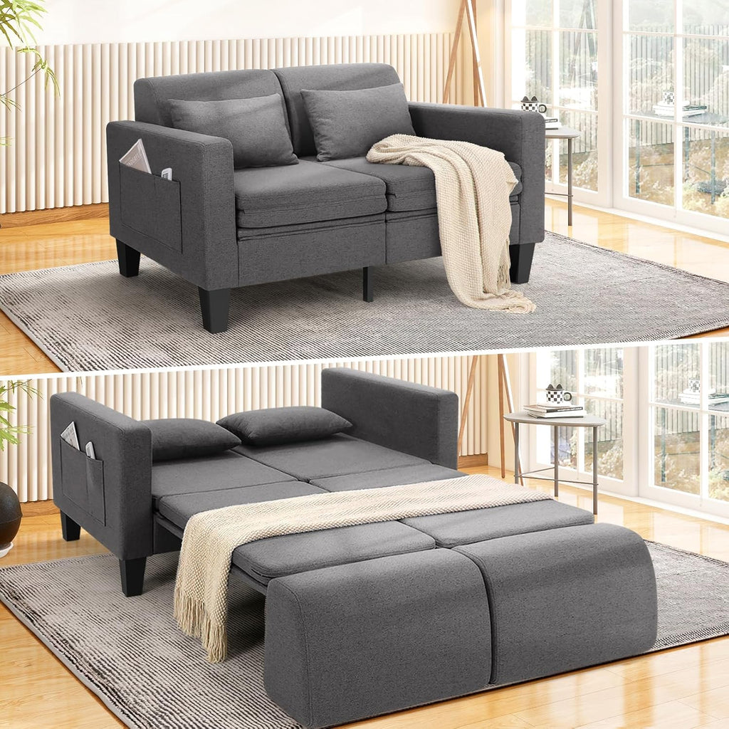 SEJOV 6-in-1 Convertible Sofa Bed, 58' Loveseat Sleeper Sofas with Pull Out Couch Bed, Removable Backrest, Storage Pockets and 2 Pillows, Modern Folding Linen Futon Couch for Small Spaces, Gray