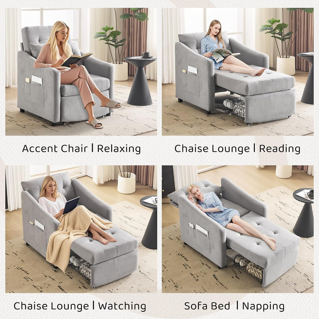 Bezseller Sleeper Sofa Chair Bed, 3-in-1 Convertible Sleeper Chair with Storage Drawer, Pull Out Couch with Side Pocket, Pillow, and Adjustable Backrest, for Living Room Bedroom Apartment, Light Grey