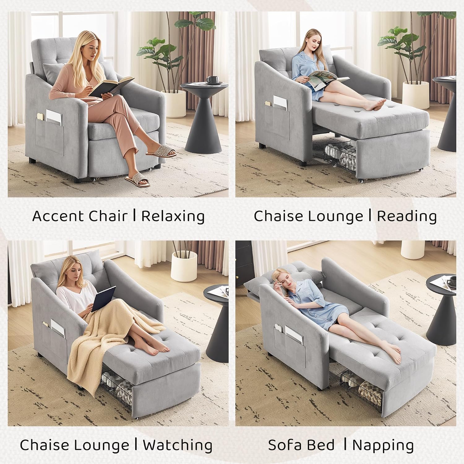 Bezseller Sleeper Sofa Chair Bed, 3-in-1 Convertible Sleeper Chair with Storage Drawer, Pull Out Couch with Side Pocket, Pillow, and Adjustable Backrest, for Living Room Bedroom Apartment, Light Grey