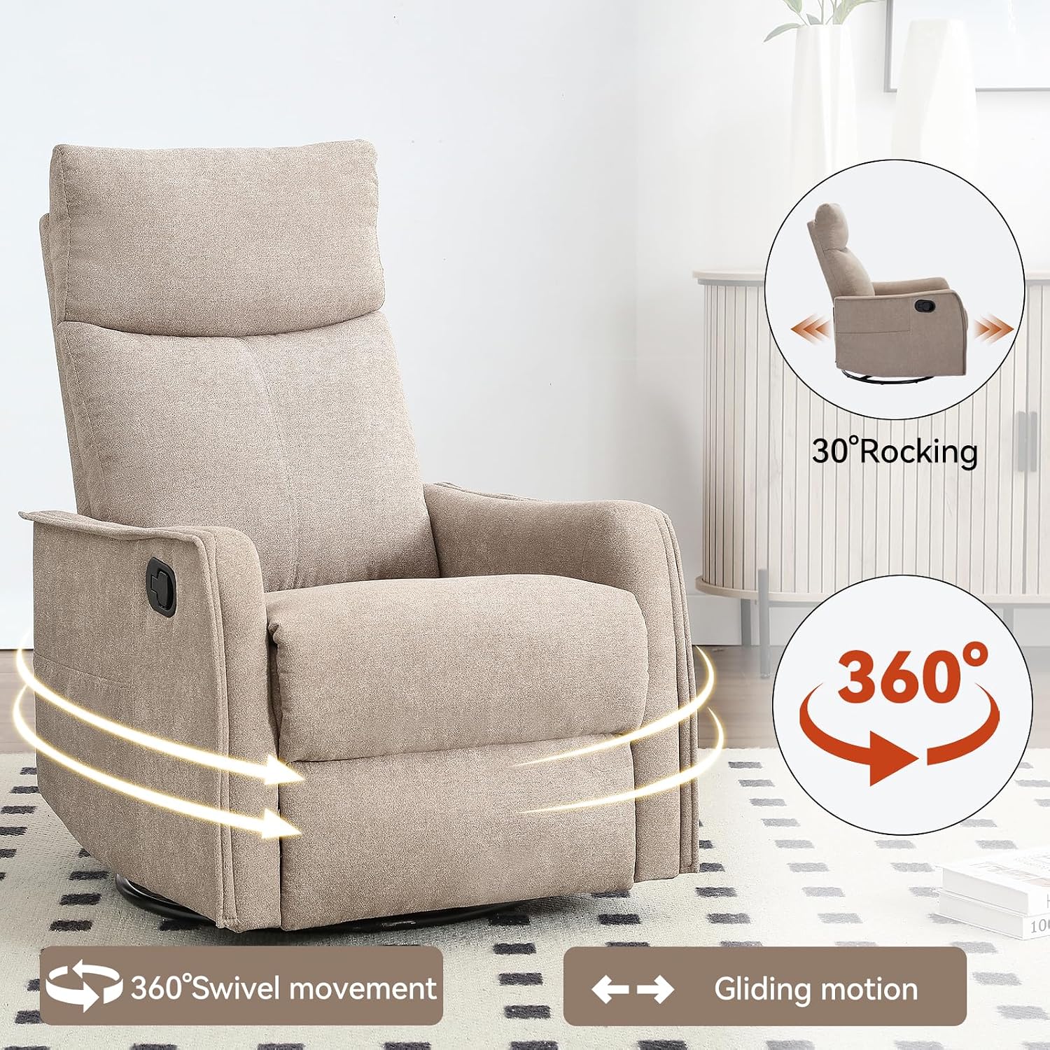 Massage Chair Recliner with Heat, 360° Swivel Glider Rocker with Reclining Backrest and Footrest, Manual Lazy Boy Recliners for Adults, Modern Nursery Rocking Chairs (Khkai)