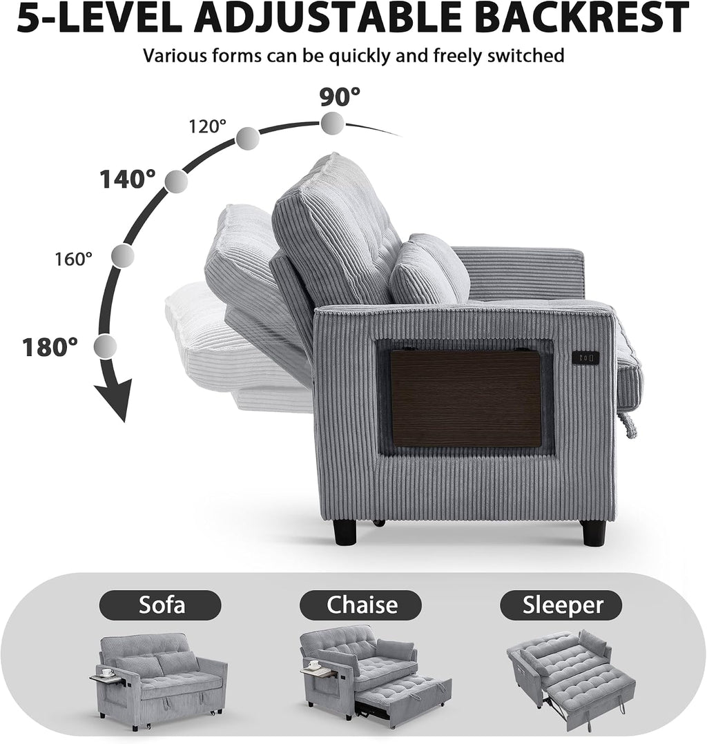 Sleeper Sofa Bed, 55'' Convertible Pull Out Couch with Small Table| USB Port | Side Pockets | Corduroy Fabric | Adjustable Backrest for Apartment, Office, Bedroom, Guest Room(LightGray)