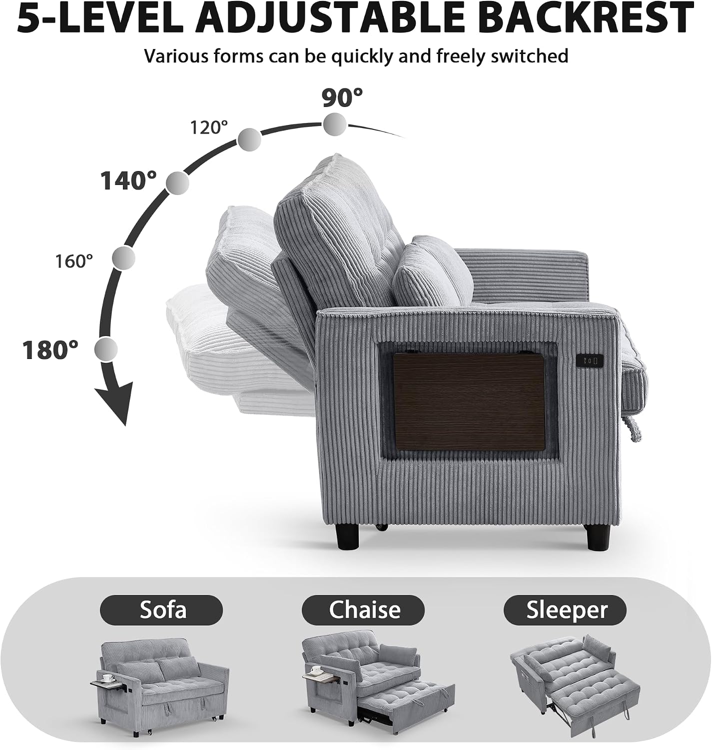 Sleeper Sofa Bed, 55'' Convertible Pull Out Couch with Small Table| USB Port | Side Pockets | Corduroy Fabric | Adjustable Backrest for Apartment, Office, Bedroom, Guest Room(LightGray)