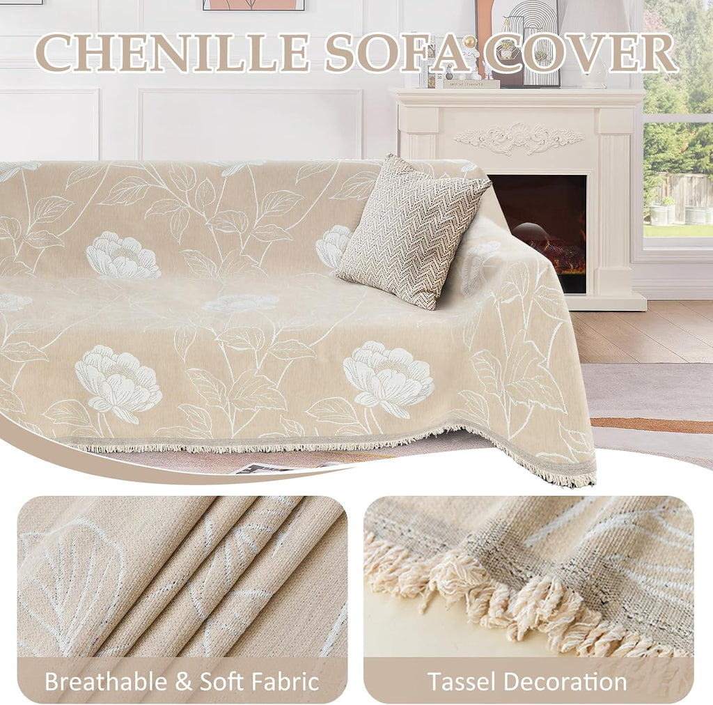 1OO% Waterproof Sectional Couch Covers for Dogs L Shaped Corner Sofa Cover Washable Chenille Sofa Slipcovers Blanket Modern Jacquard Pet Furniture Protector (91'x252', Beige Flower)