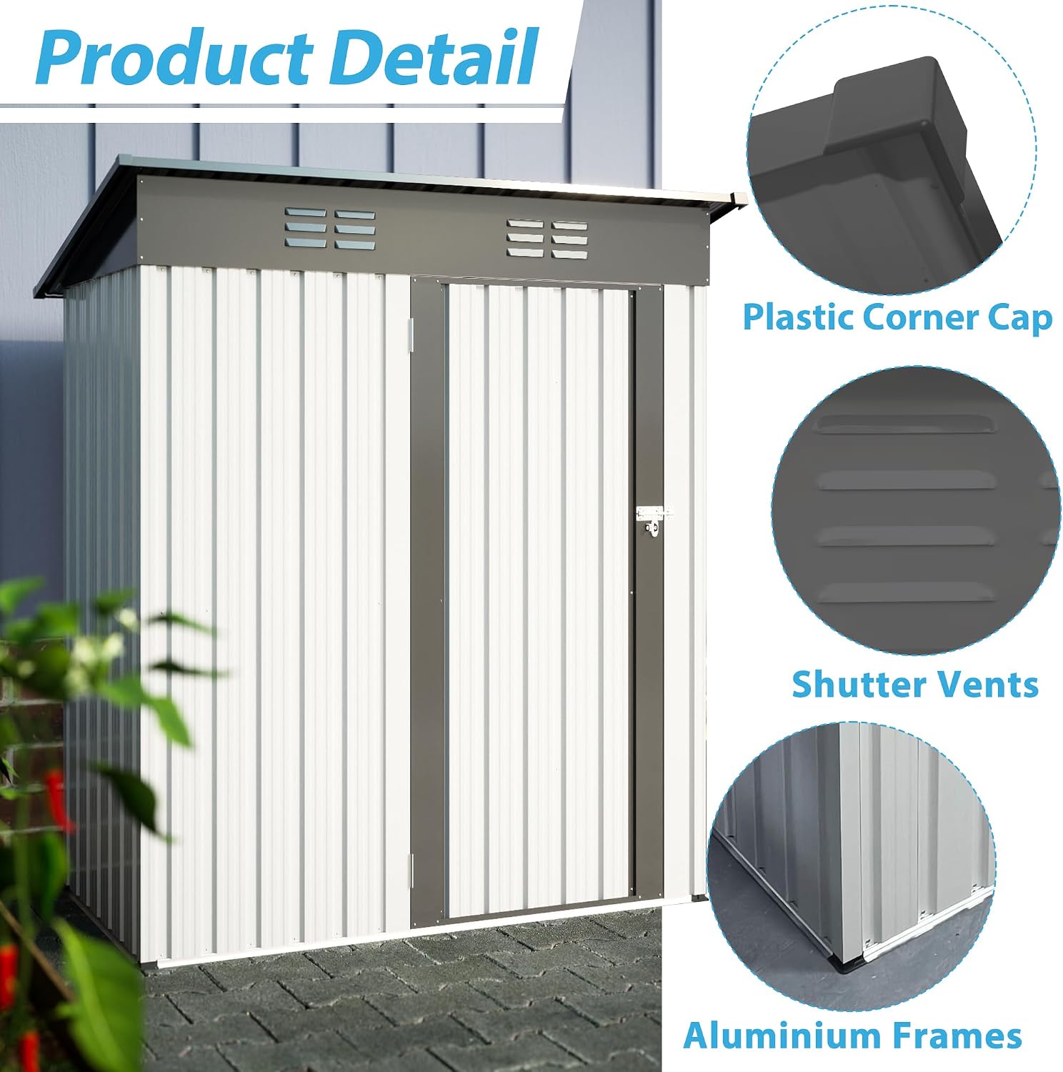 5X3 FT Outdoor Storage Shed, Waterproof Metal Garden Sheds with Lockable Door, Steel Tool Storage Buildings Shed & Outdoor Storage House for Garden, Backyard, Patio, Lawn, Trash Cans(White)