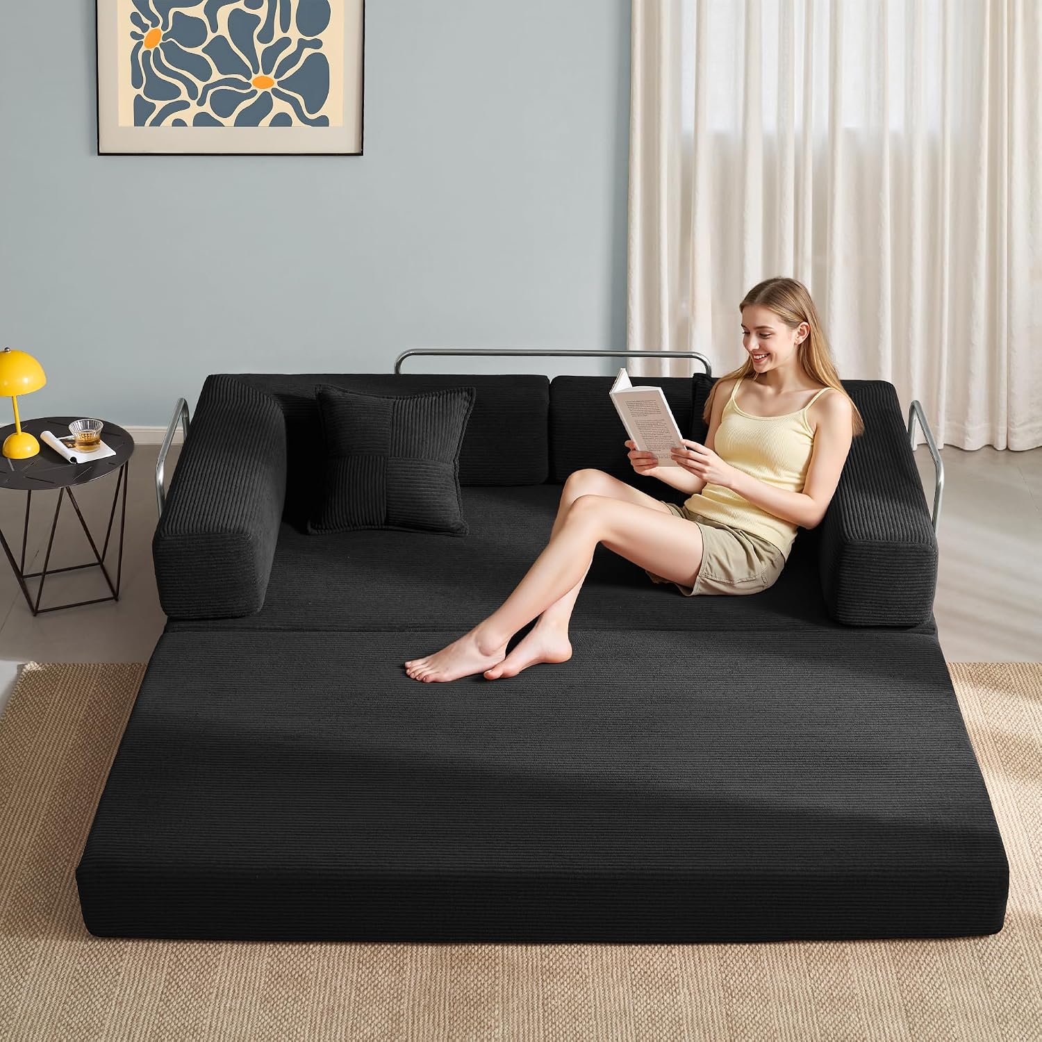 YINIX Foldable Sofa Bed, 78'' Folding Floor Couch, Compressed Convertable Sleeper Sofa, Memory Foam Couch with Pillow Back Support Armrest, 4-in-1 Futon Sofa Bed for Living Room, Black