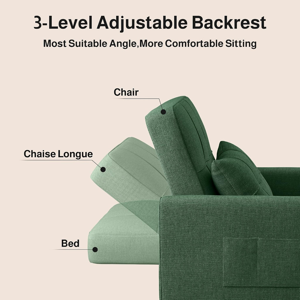 Ahomly Convertible Sleeper Chair Sofa Bed with 3-in-1 Design, Adjustable Backrest, and Storage Pocket for Living Room, Green