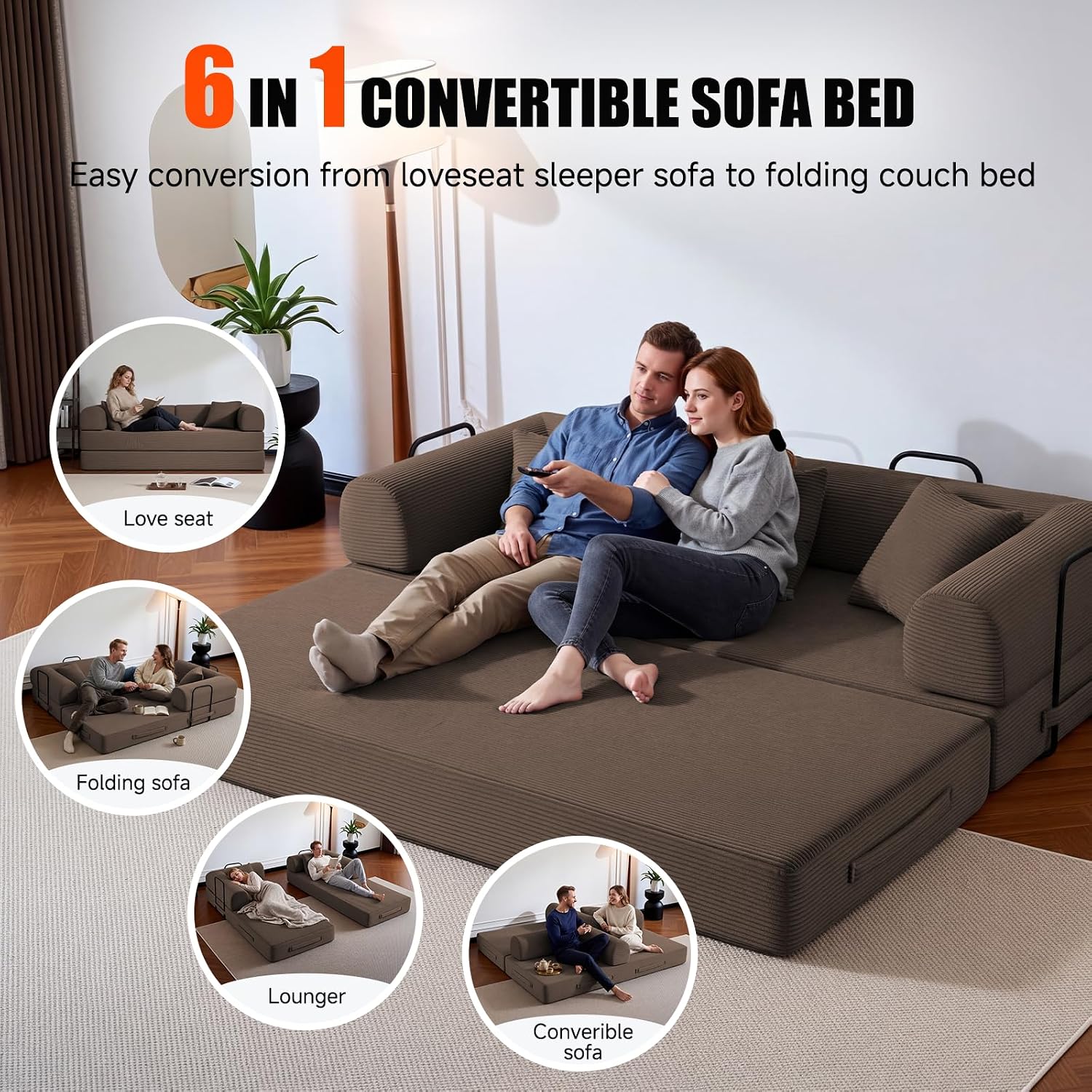 79' Compressed Sofa, Convertible Sofa Bed, Corduroy Compression Boneless Couch with Pillow, Comfy Modular Foldable Floor Sleeper Sofa for Bedroom, Living Room, Lounge, Studio (Brown)