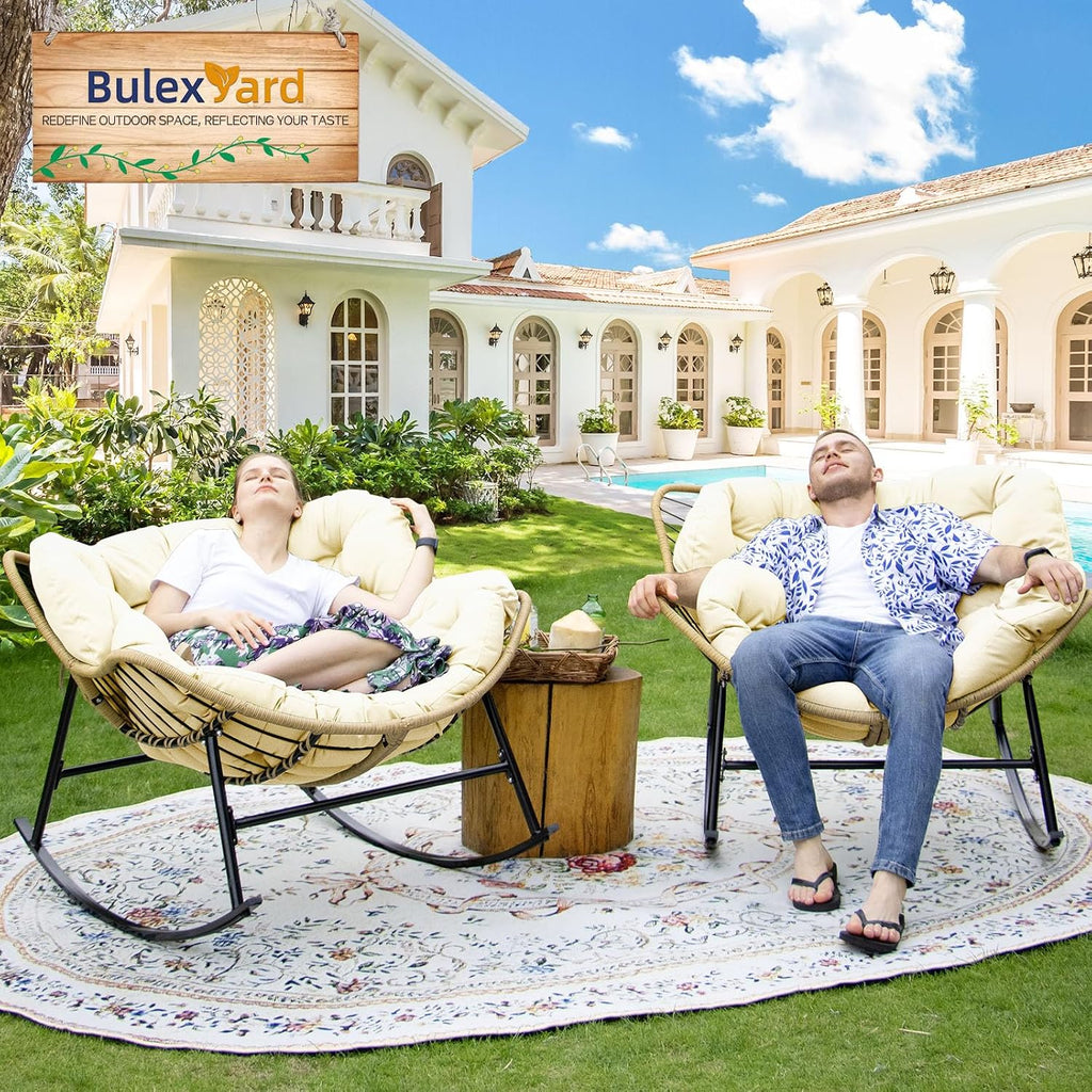 BULEXYARD 2 PCS Rocking Egg Chair Indoor Outdoor, Wicker Rattan Rocking Papasan Chairs with Thick Cushion, 450 Lbs Extra Wide Patio Rocker, Outdoor Furniture for Balcony, Porch, Garden, Lawn, Beige