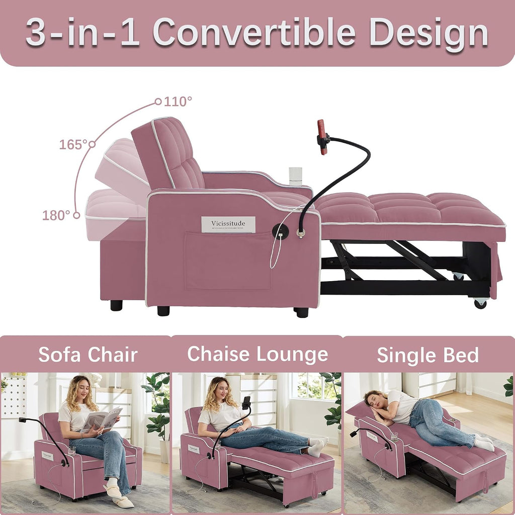Convertible Armchair Sofa Bed with USB Port & Phone Holder, Pull-Out Single Chair Bed Sleeper for Small Spaces, Modern Upholstered Recliner Chair (Pink)