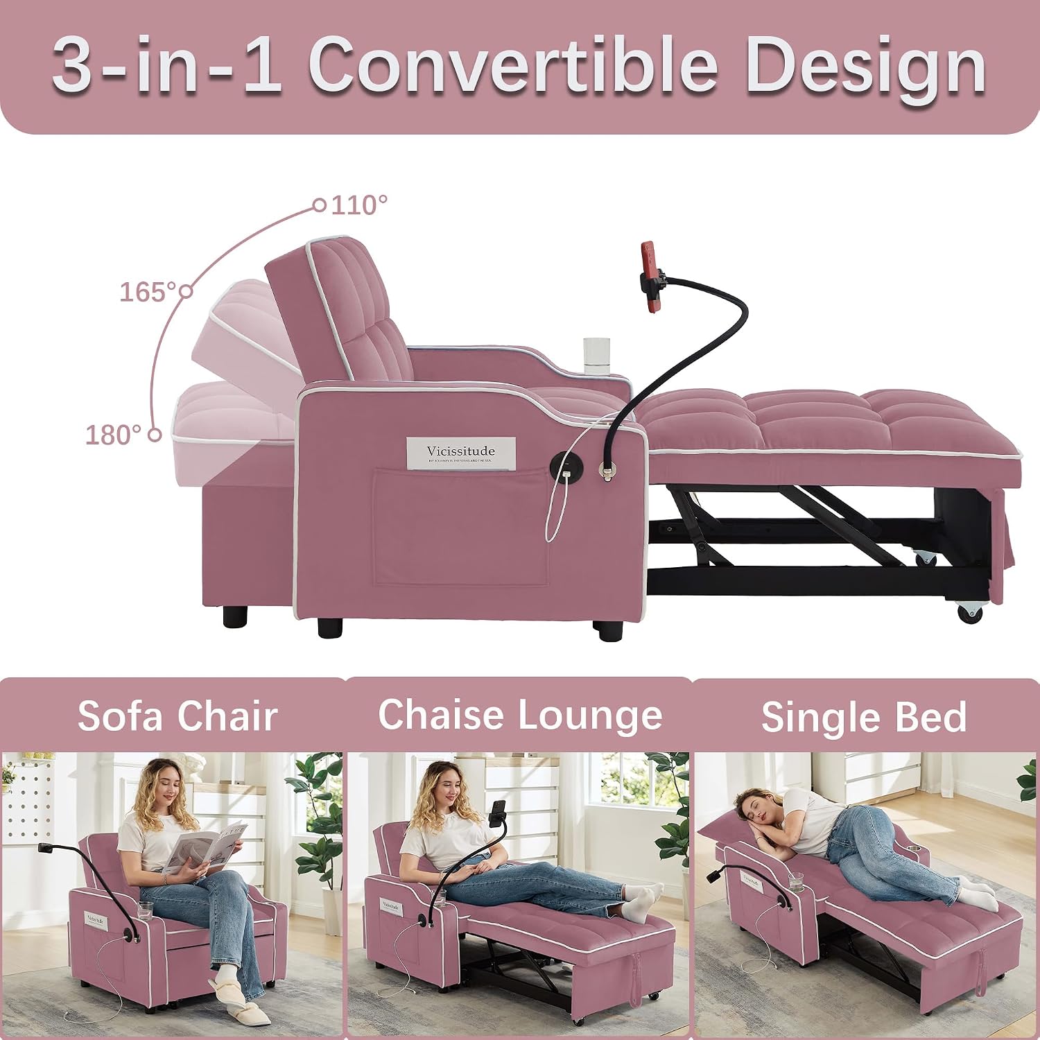 Convertible Armchair Sofa Bed with USB Port & Phone Holder, Pull-Out Single Chair Bed Sleeper for Small Spaces, Modern Upholstered Recliner Chair (Pink)
